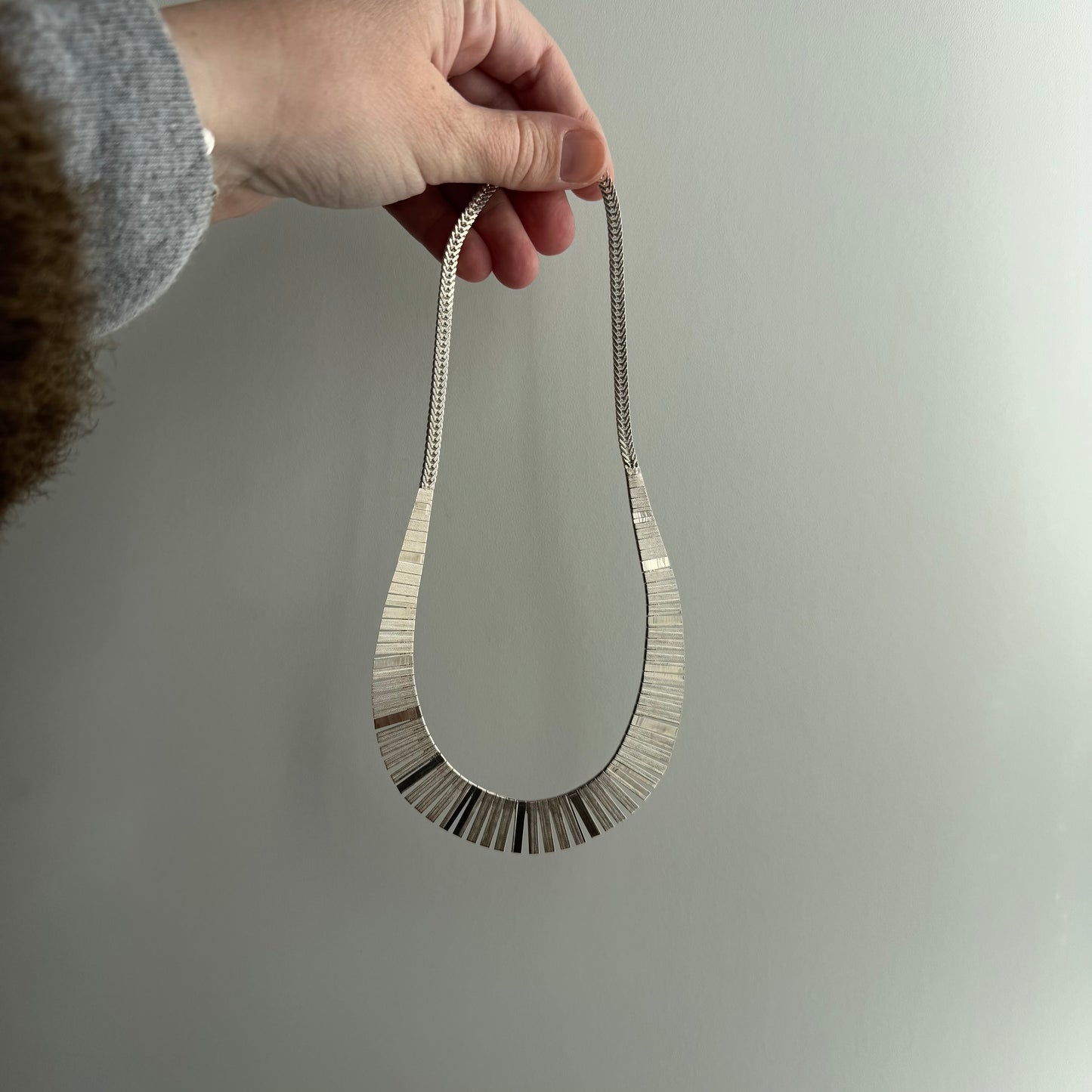 V I N T A G E // Cleopatra shine / sterling silver Cleopatra style paneled necklace with foxtail chain / just over 16", 23g