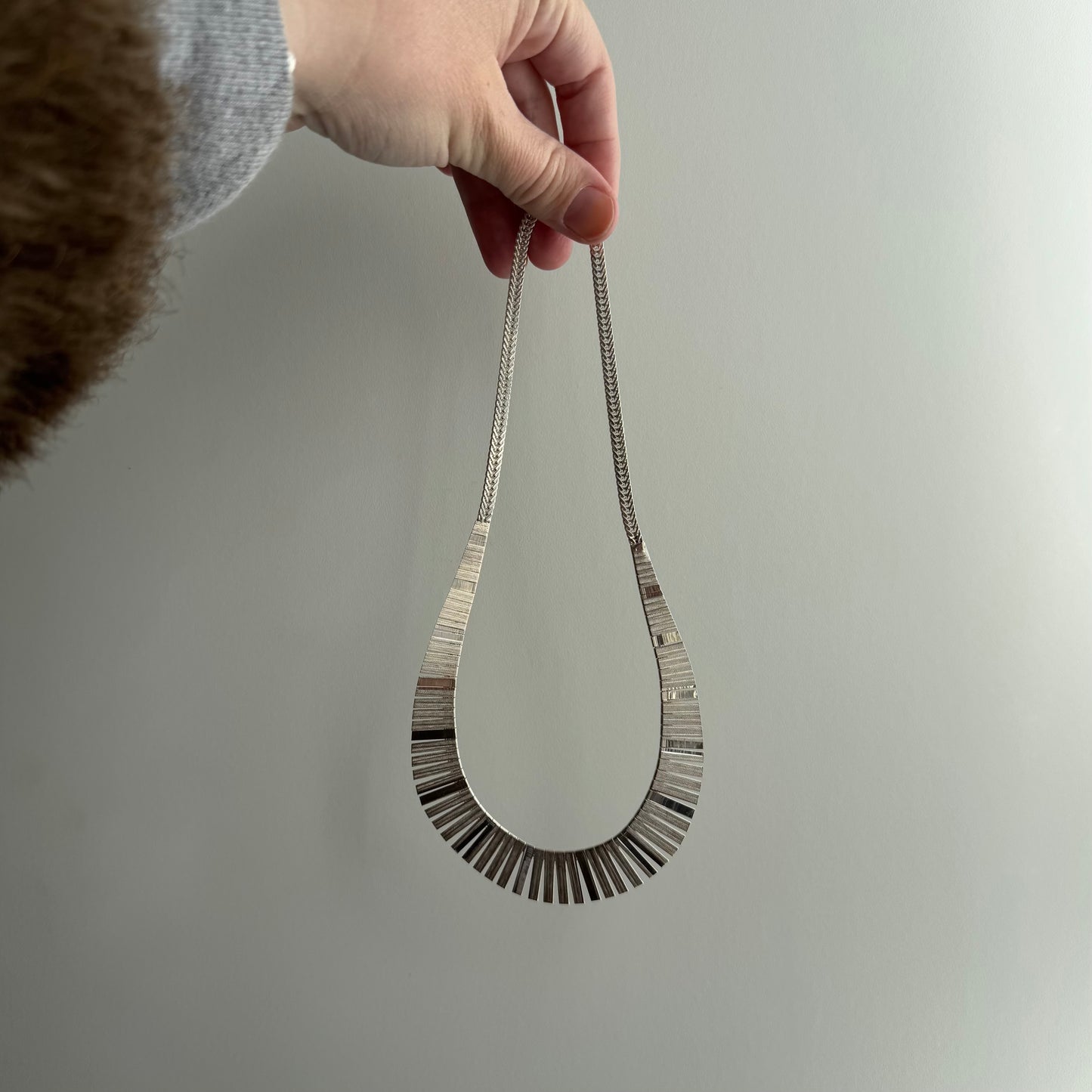 V I N T A G E // Cleopatra shine / sterling silver Cleopatra style paneled necklace with foxtail chain / just over 16", 23g