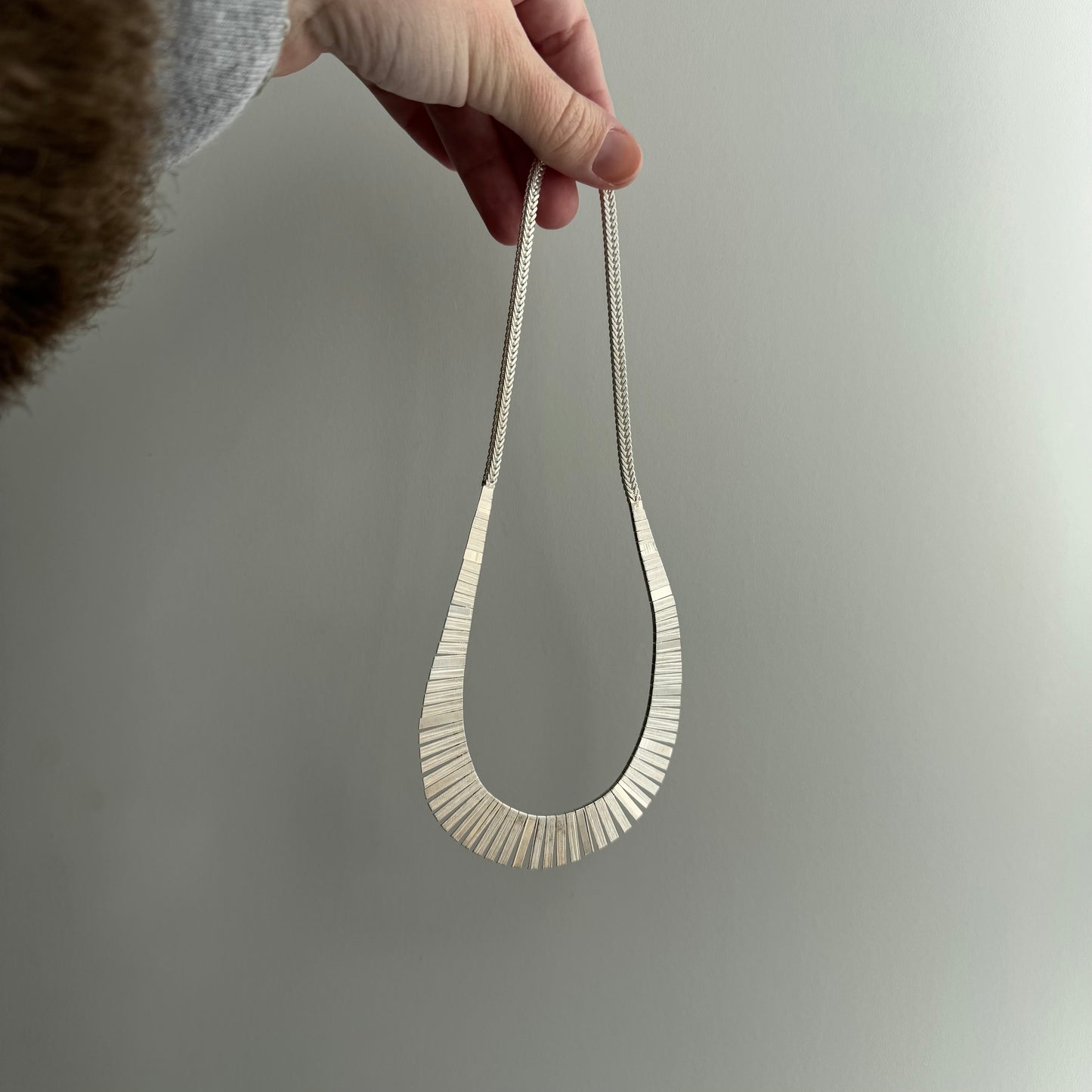 V I N T A G E // Cleopatra shine / sterling silver Cleopatra style paneled necklace with foxtail chain / just over 16", 23g