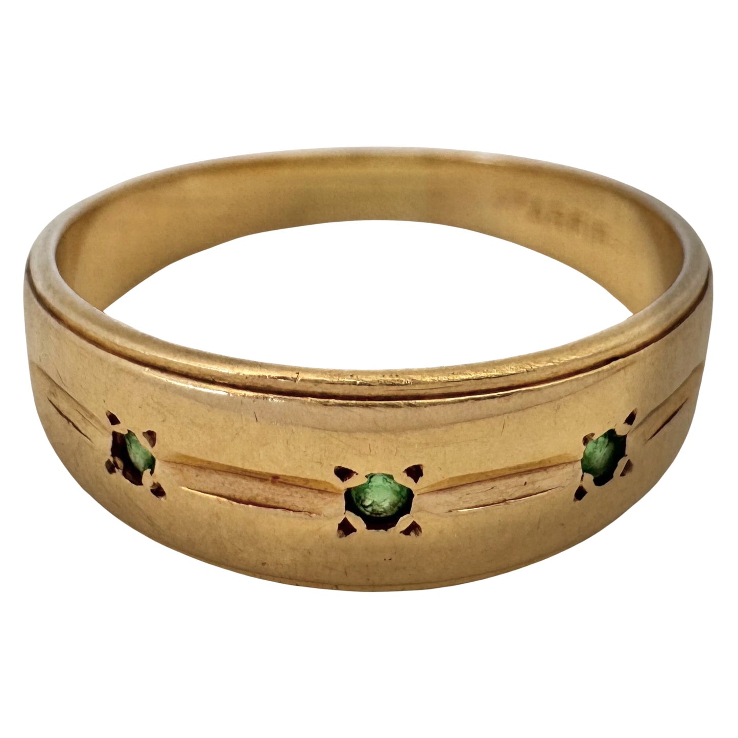 V I N T A G E // subtle stars / 14k and emerald trilogy half eternity tapered wide band / size ~7.25