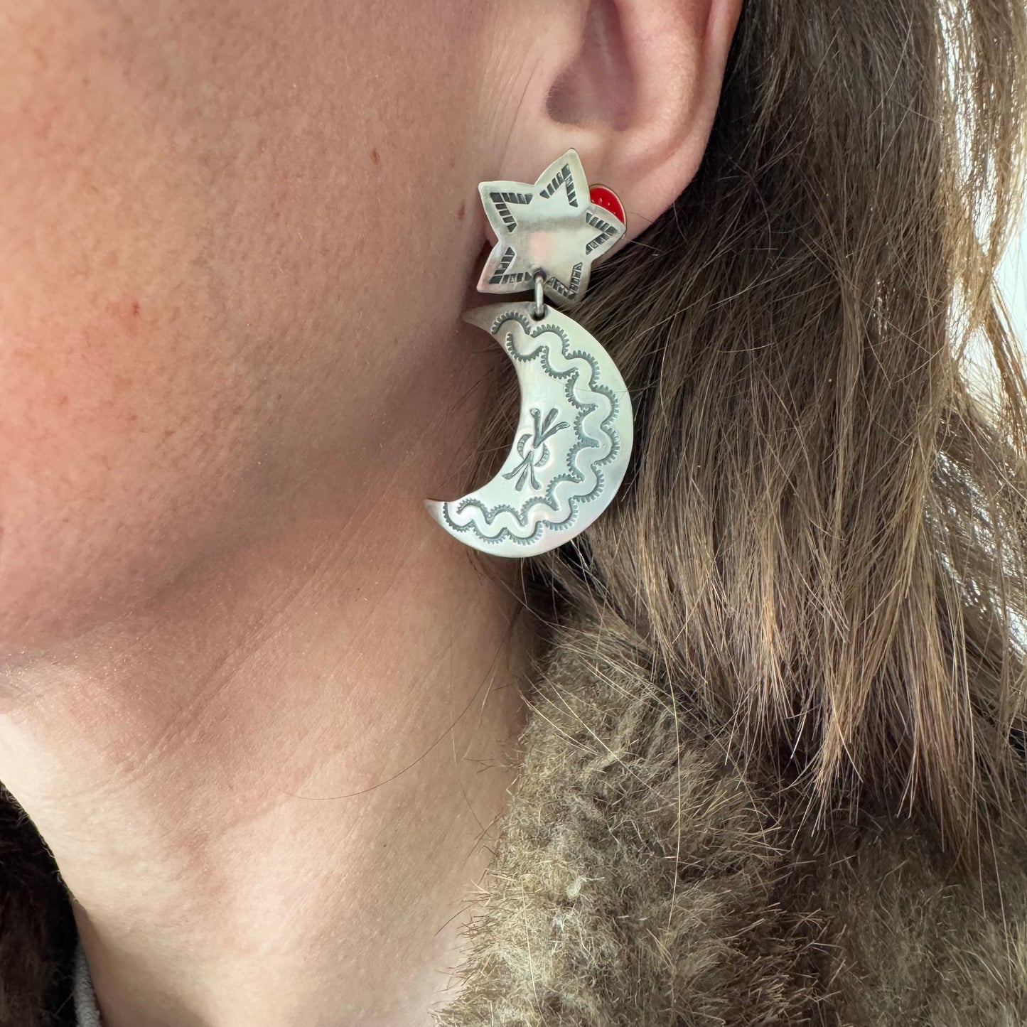 V I N T A G E // southwest moon and stars / sterling silver moon and star stamped / dangle post earrings