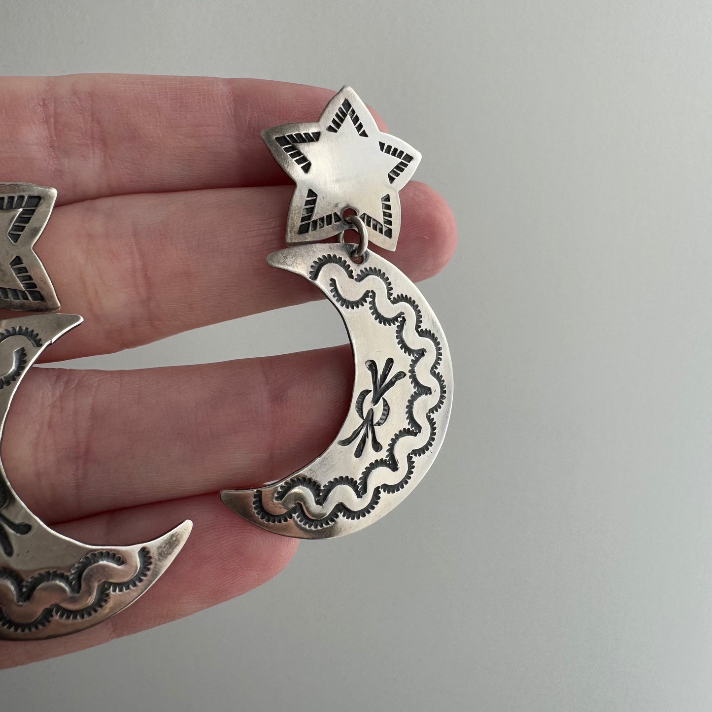 V I N T A G E // southwest moon and stars / sterling silver moon and star stamped / dangle post earrings