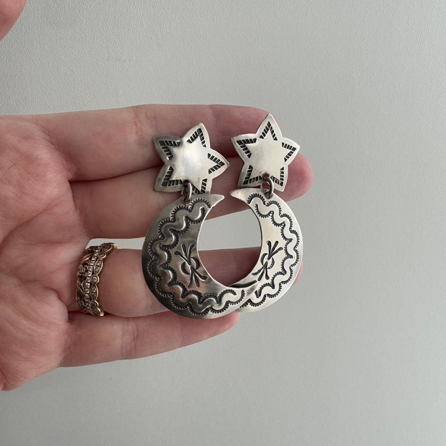 V I N T A G E // southwest moon and stars / sterling silver moon and star stamped / dangle post earrings