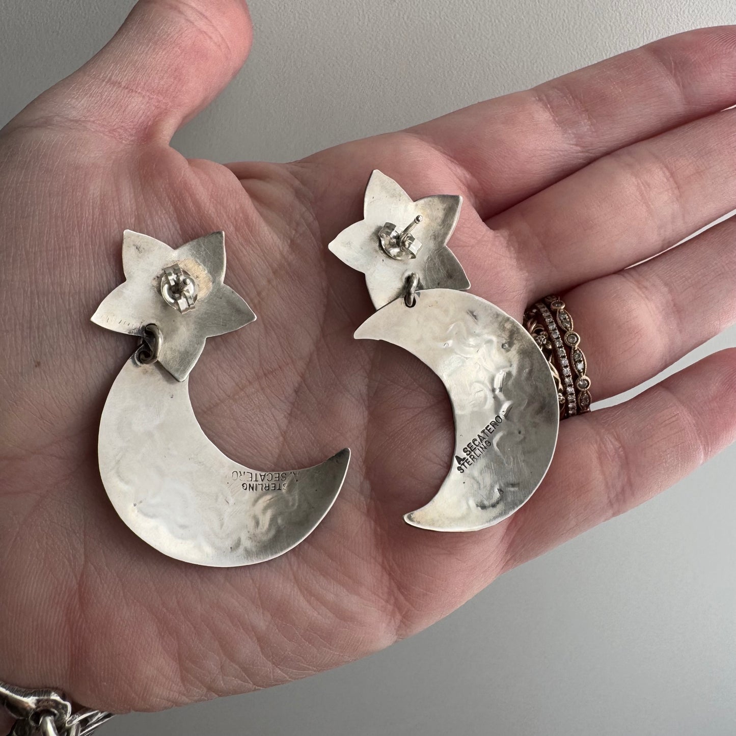 V I N T A G E // southwest moon and stars / sterling silver moon and star stamped / dangle post earrings