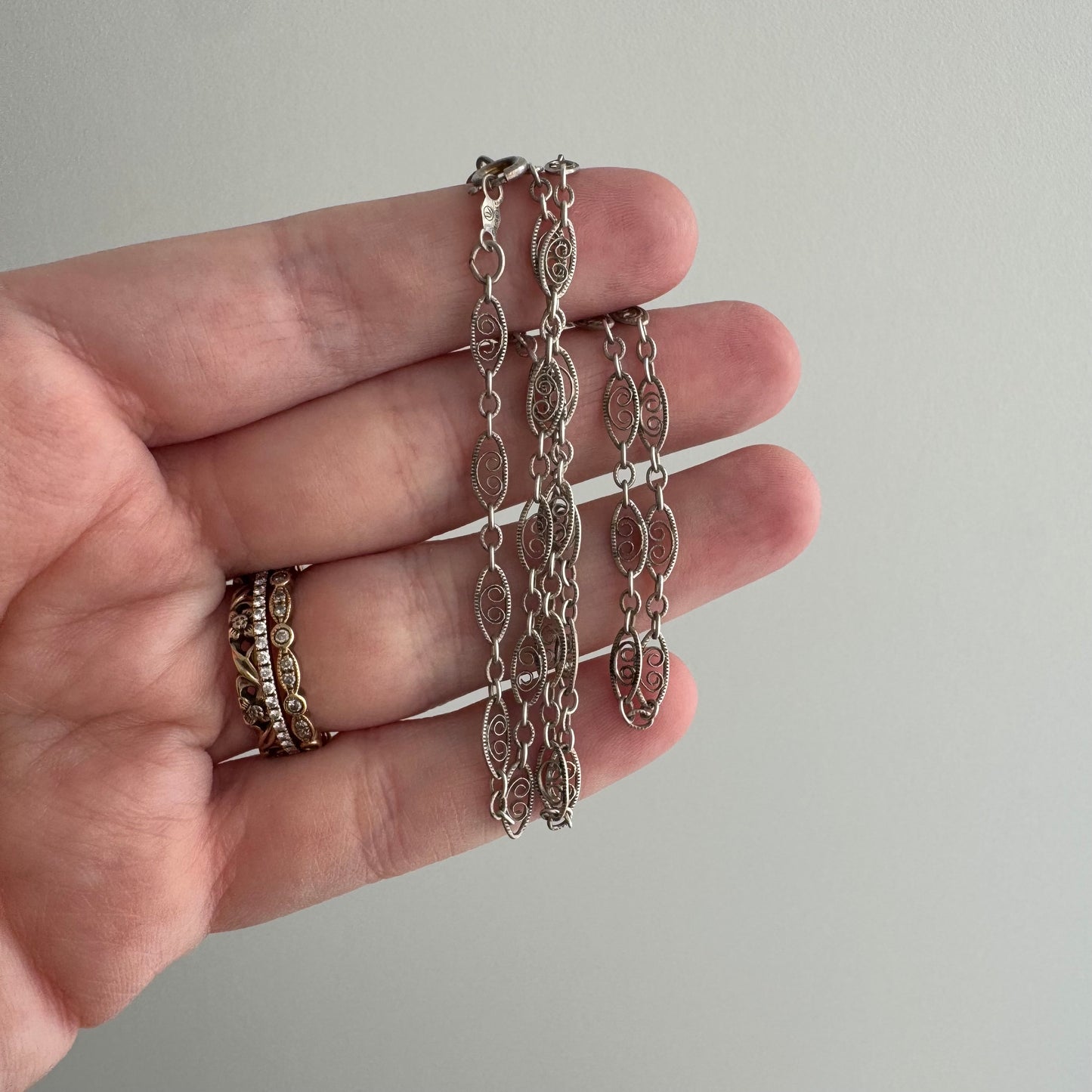 V I N T A G E // lace layer / sterling silver fancy filigree link chain necklace / 16.25", 3.2g