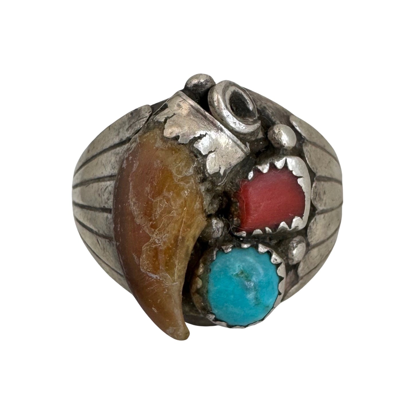 V I N T A G E // we choose the bear / sterling silver Navajo claw coral and turquoise ring / size 9.25