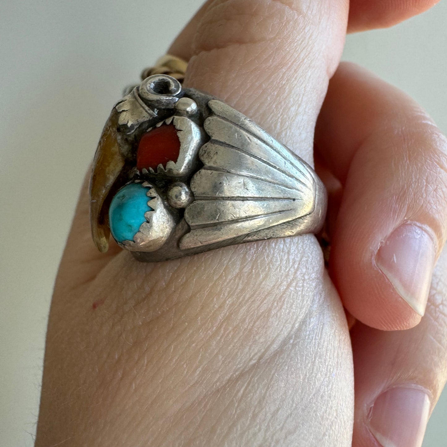 V I N T A G E // we choose the bear / sterling silver Navajo claw coral and turquoise ring / size 9.25