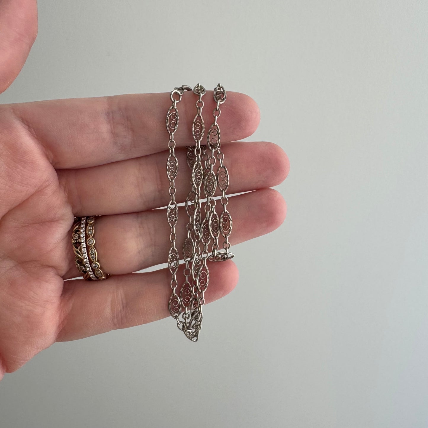 V I N T A G E // lace layer / sterling silver fancy filigree link chain necklace / 16.25", 3.2g