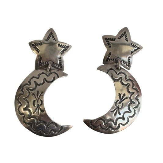 V I N T A G E // southwest moon and stars / sterling silver moon and star stamped / dangle post earrings