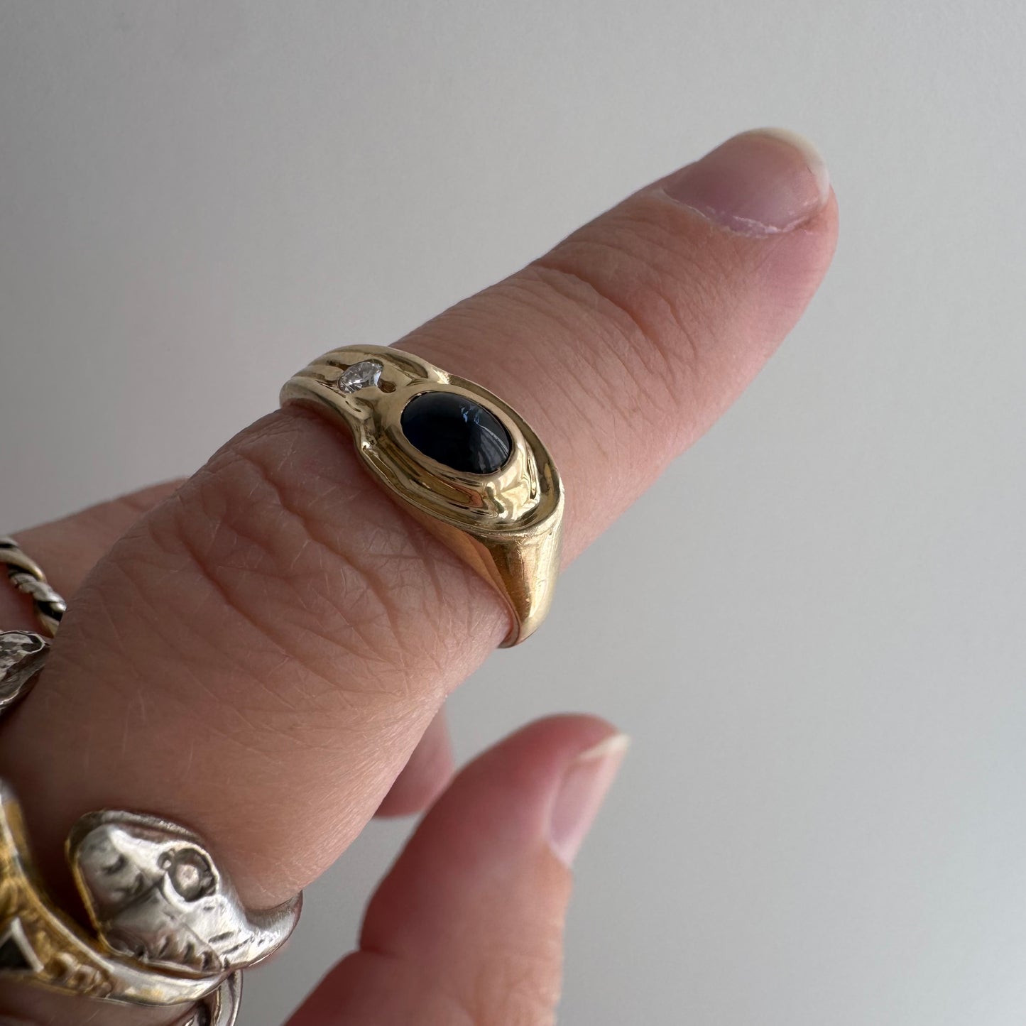 V I N T A G E // subtle snake / 14k stylized snake with diamond and sapphire / size 5.5 to 5.75