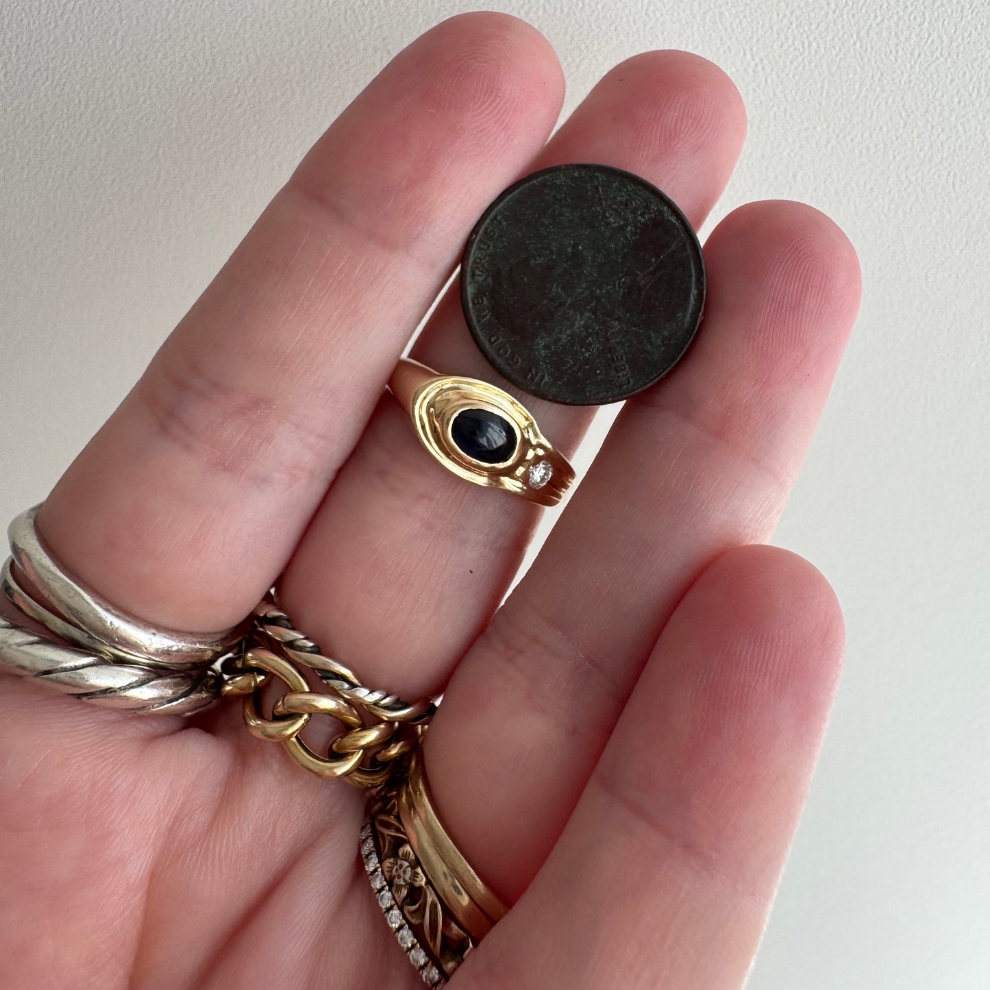 V I N T A G E // subtle snake / 14k stylized snake with diamond and sapphire / size 5.5 to 5.75