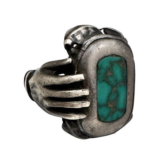 V I N T A G E // mano and magic / sterling silver arts and crafts turquoise and figural hand ring / size 7.75