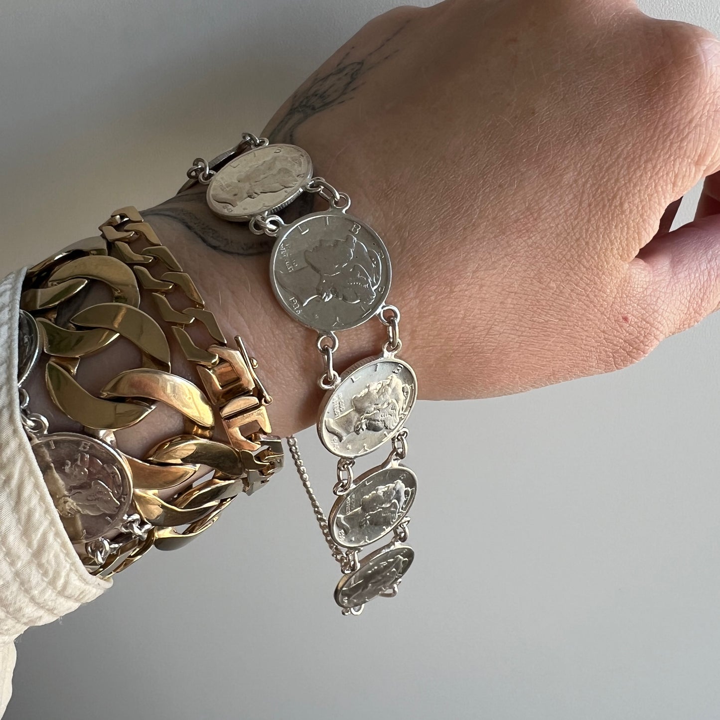 V I N T A G E // Mercury line up / 900 and sterling silver dime link bracelet / 7.5"