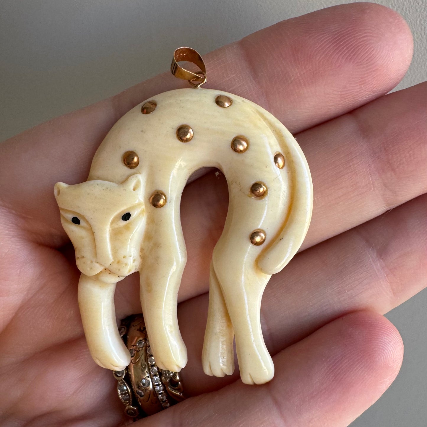 V I N T A G E // kitty kitty kitty / 14k and bone big cat with gold spots / a pendant