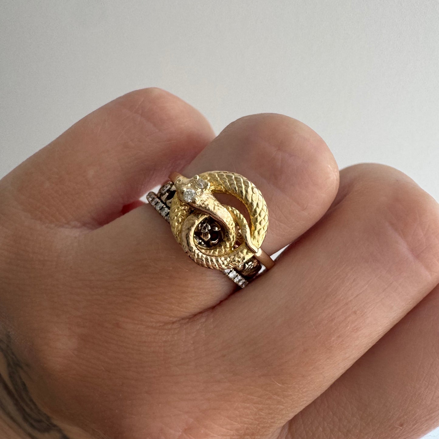 reimagined V I N T A G E // snake knot / 14k and diamond art nouveau serpent stick pin conversion ring / size 6.75