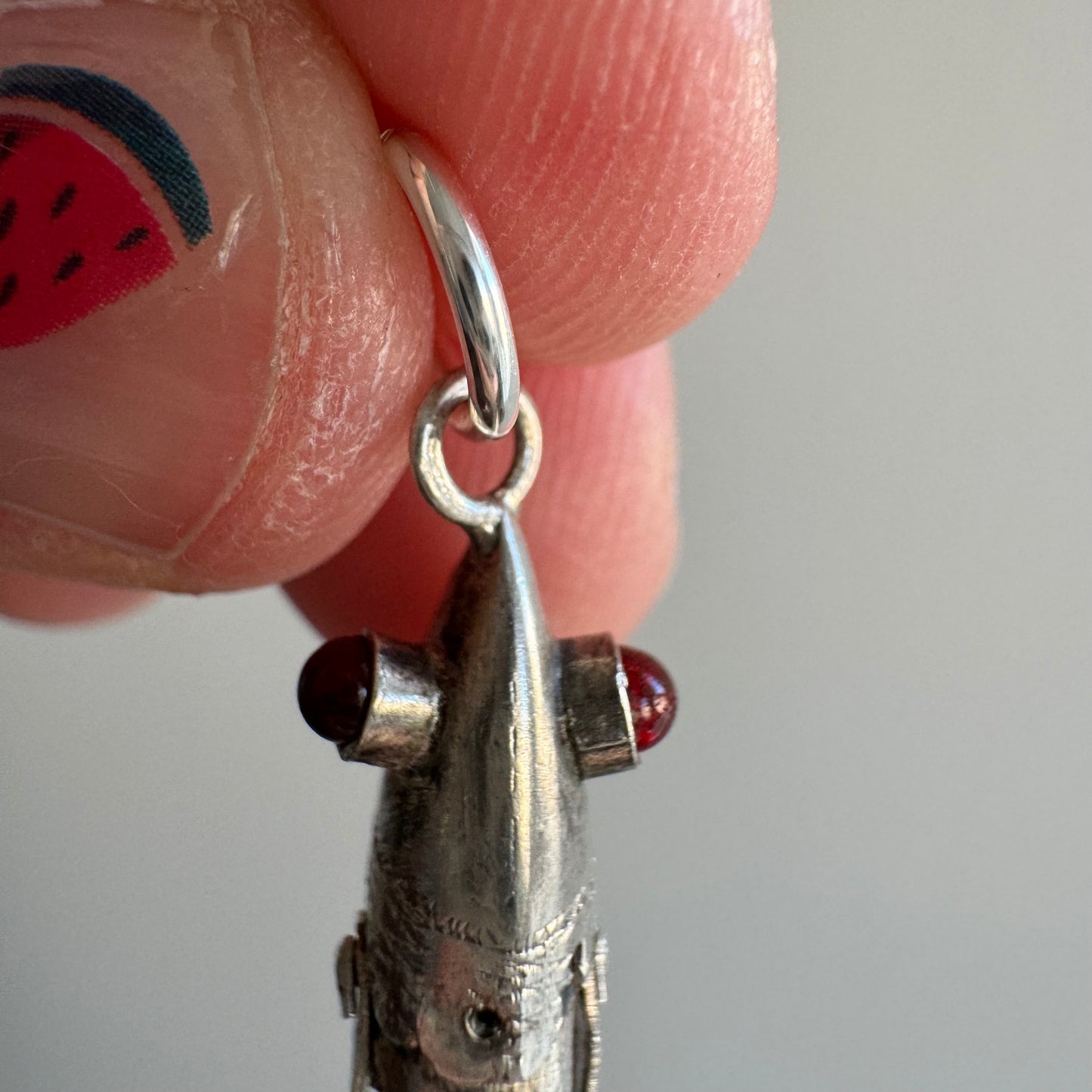 V I N T A G E // lucky catch / silver articulated wiggle fish with burgundy eyes / a pendant