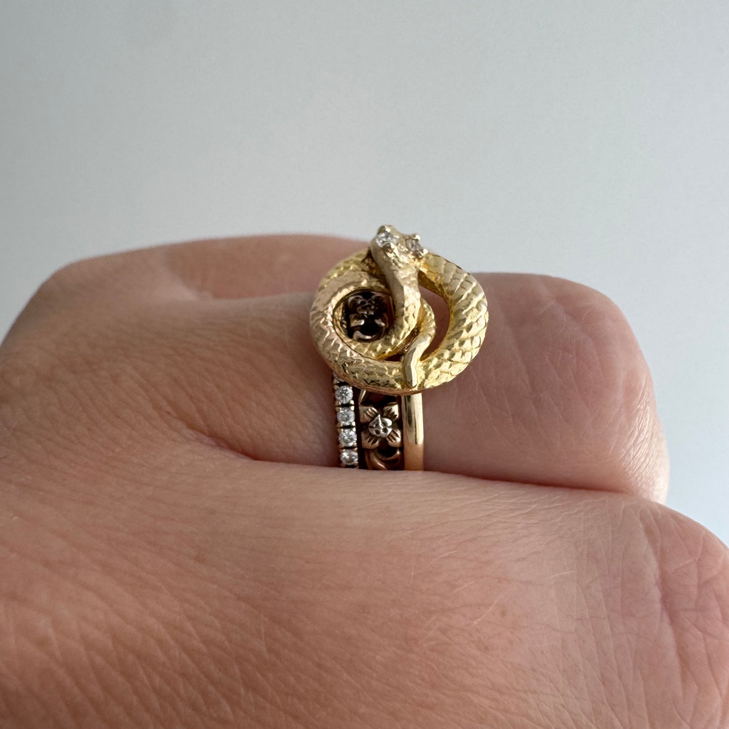 reimagined V I N T A G E // snake knot / 14k and diamond art nouveau serpent stick pin conversion ring / size 6.75