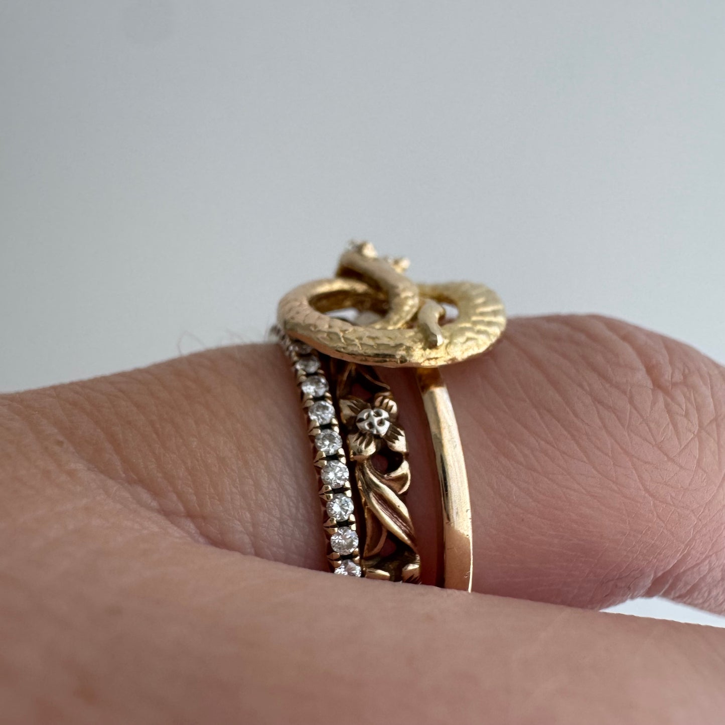 reimagined V I N T A G E // snake knot / 14k and diamond art nouveau serpent stick pin conversion ring / size 6.75