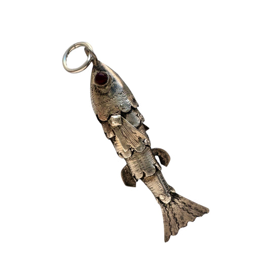 V I N T A G E // lucky catch / silver articulated wiggle fish with burgundy eyes / a pendant