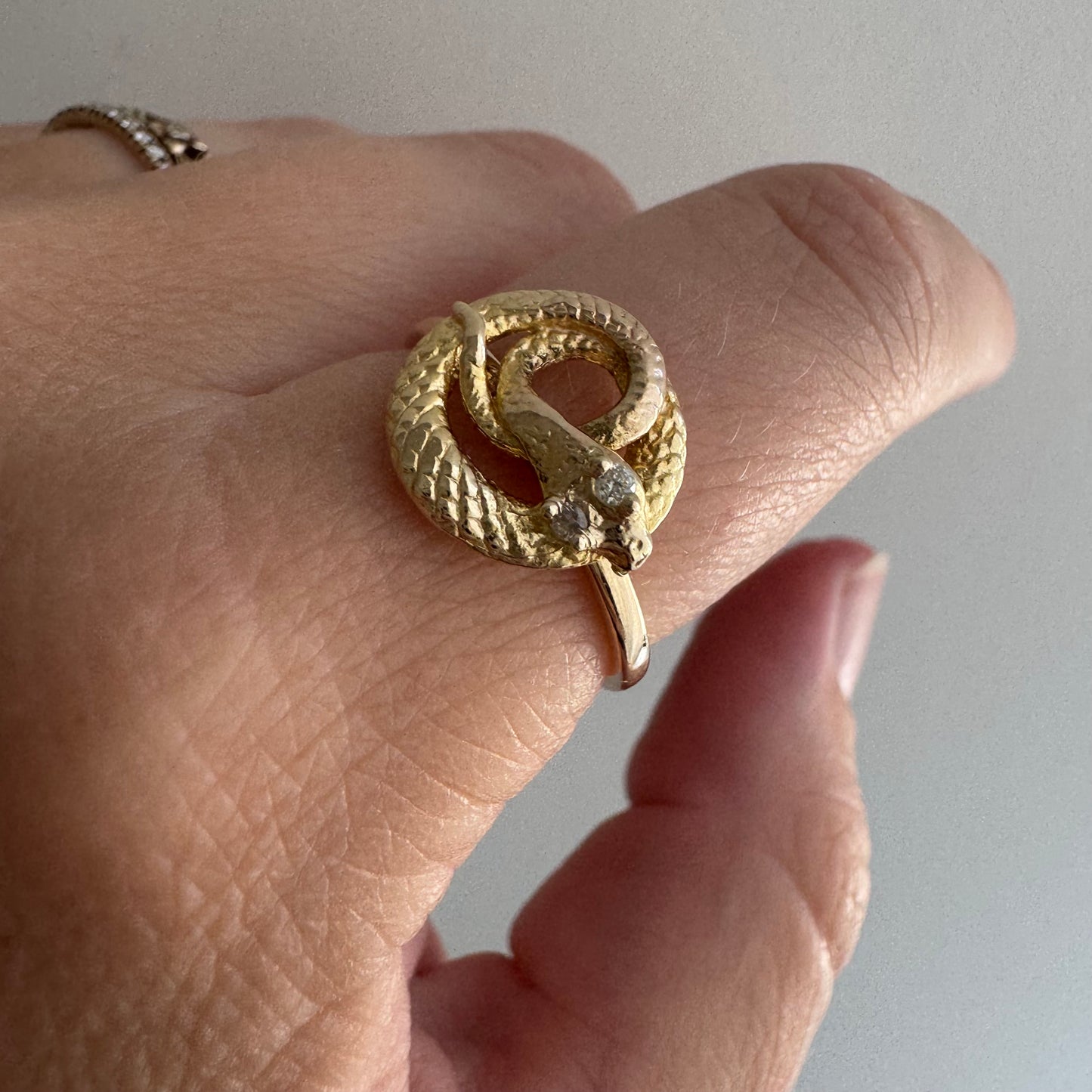 reimagined V I N T A G E // snake knot / 14k and diamond art nouveau serpent stick pin conversion ring / size 6.75