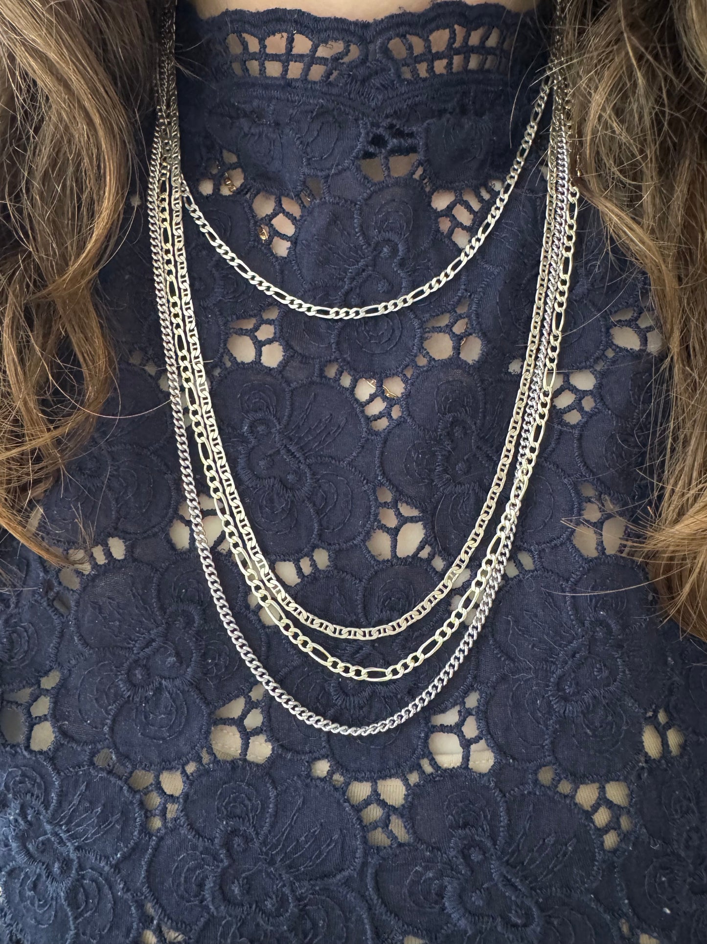 V I N T A G E // flat layers / sterling silver flat link pendant chain necklaces / figaro curb anchor