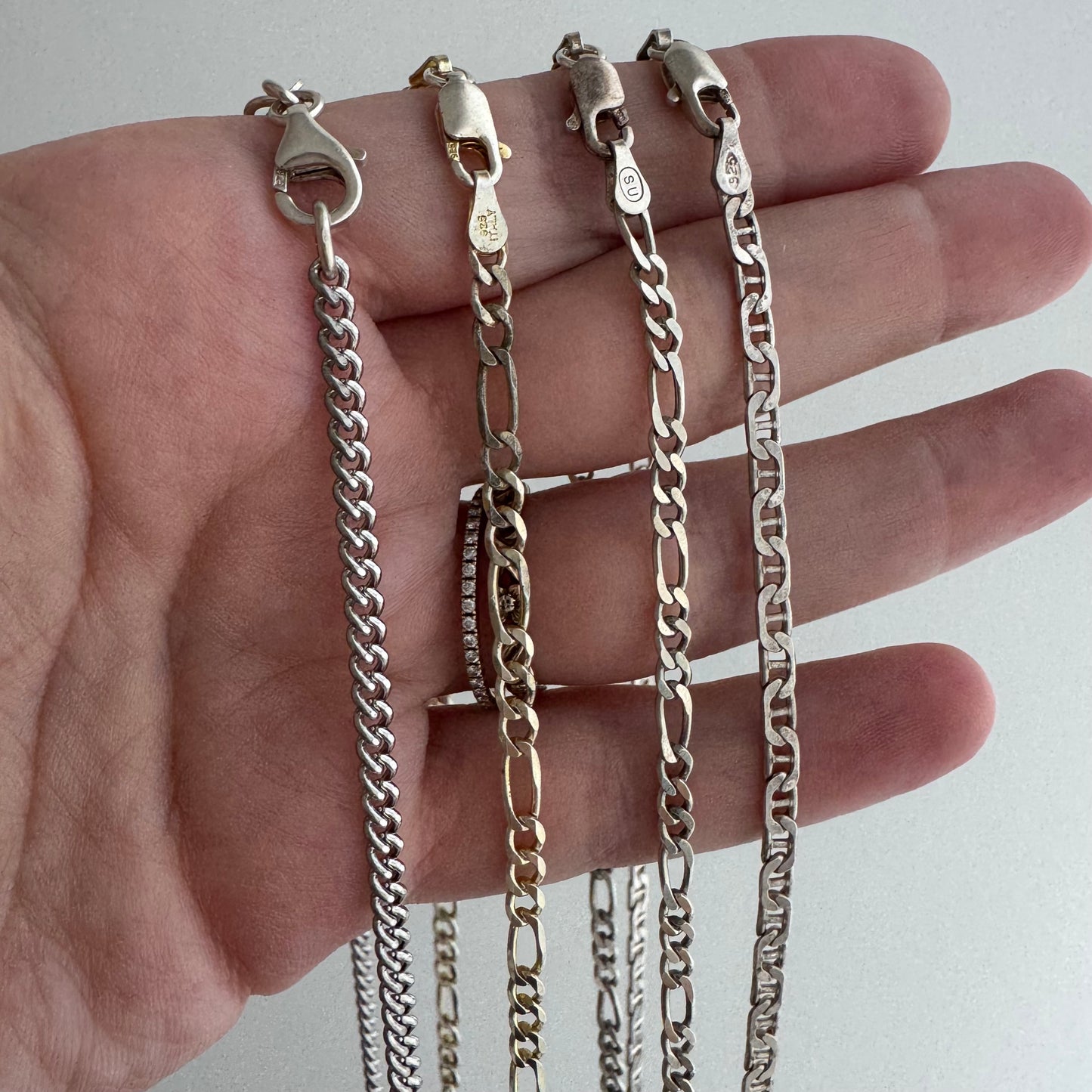 V I N T A G E // flat layers / sterling silver flat link pendant chain necklaces / figaro curb anchor