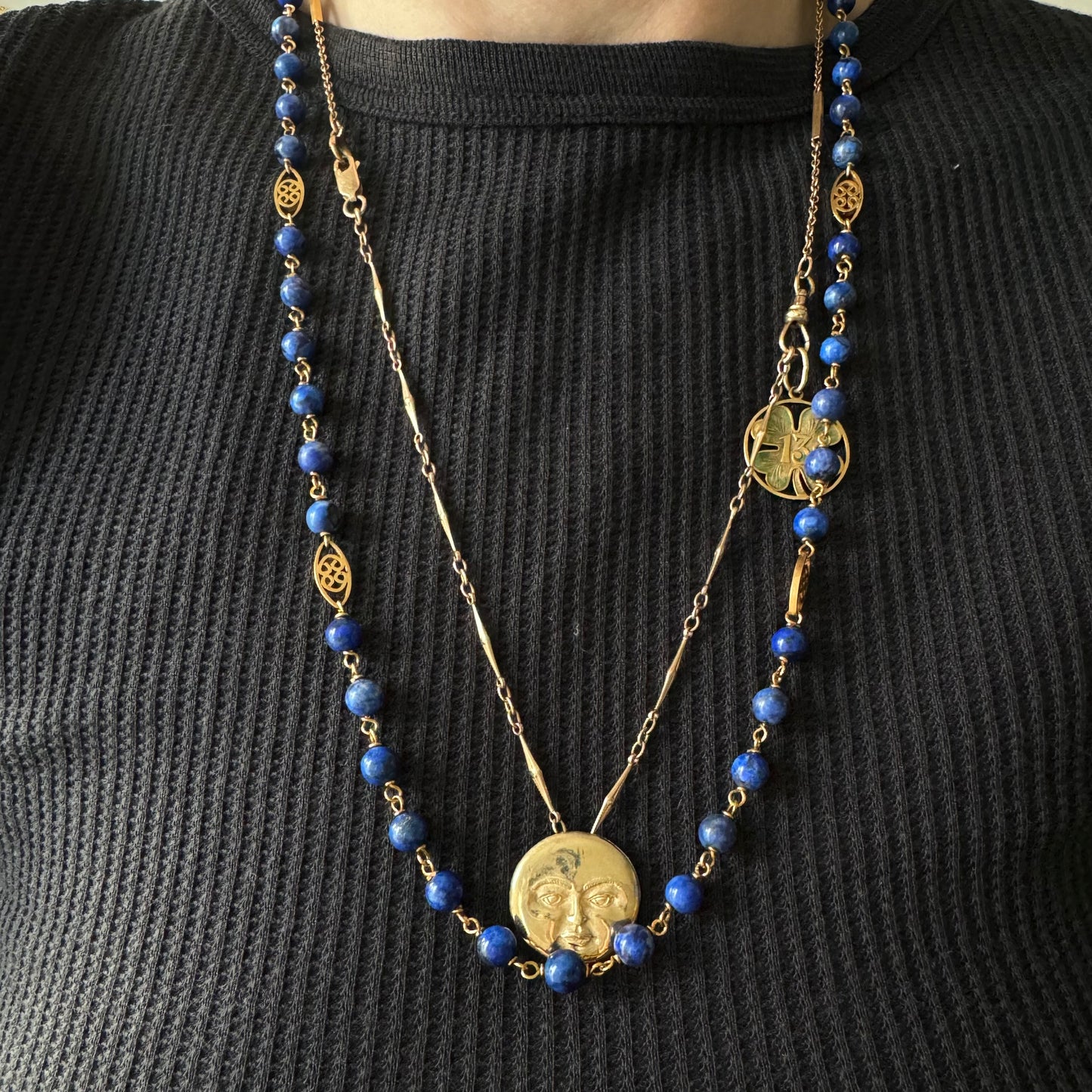 V I N T A G E // moments of pause / 14k and wire wrapped lapis lazuli bead chain with filigree stations / 25.25", 30g