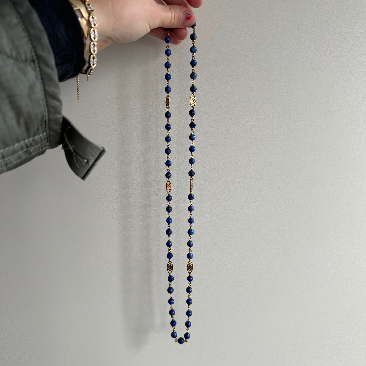 V I N T A G E // moments of pause / 14k and wire wrapped lapis lazuli bead chain with filigree stations / 25.25", 30g