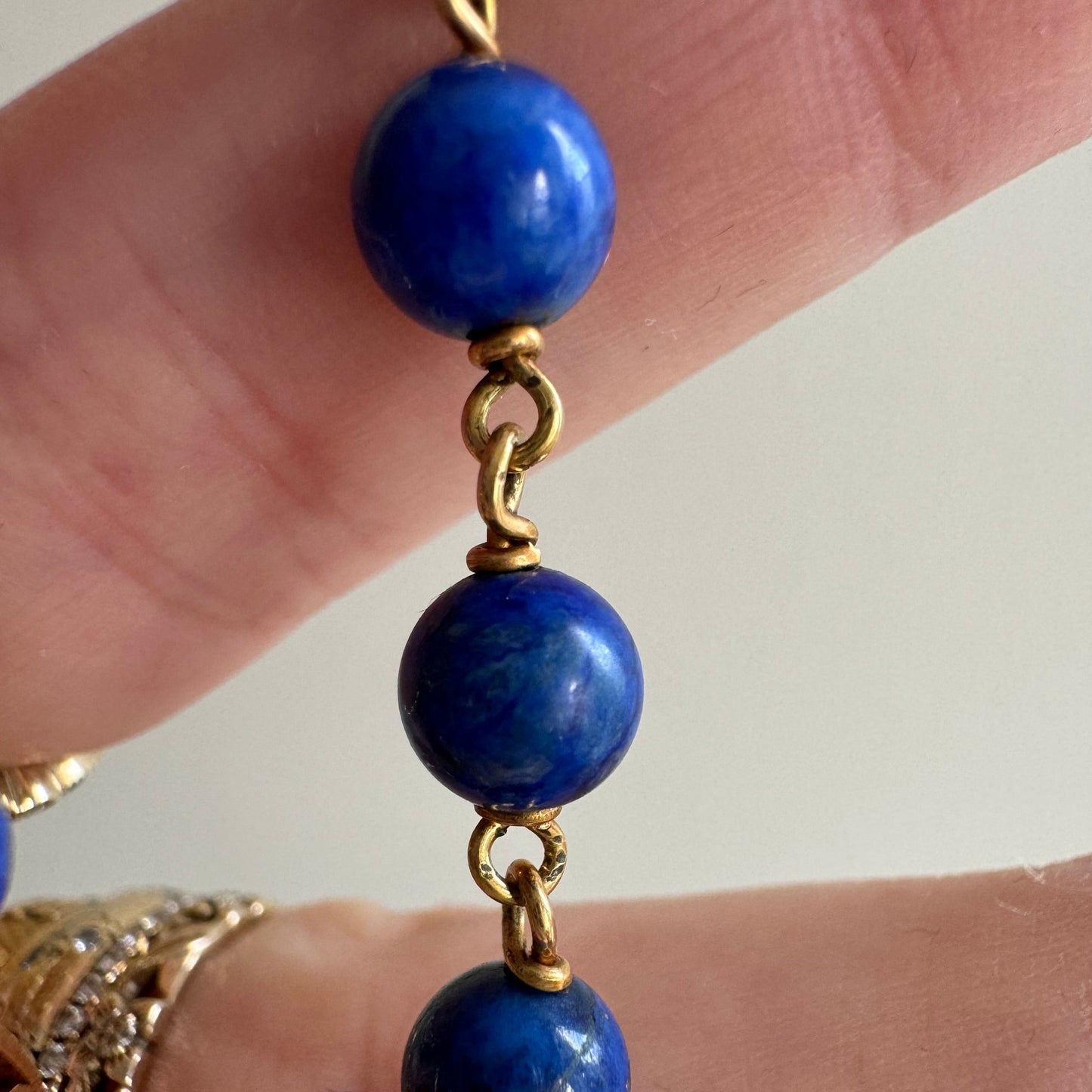 V I N T A G E // moments of pause / 14k and wire wrapped lapis lazuli bead chain with filigree stations / 25.25", 30g