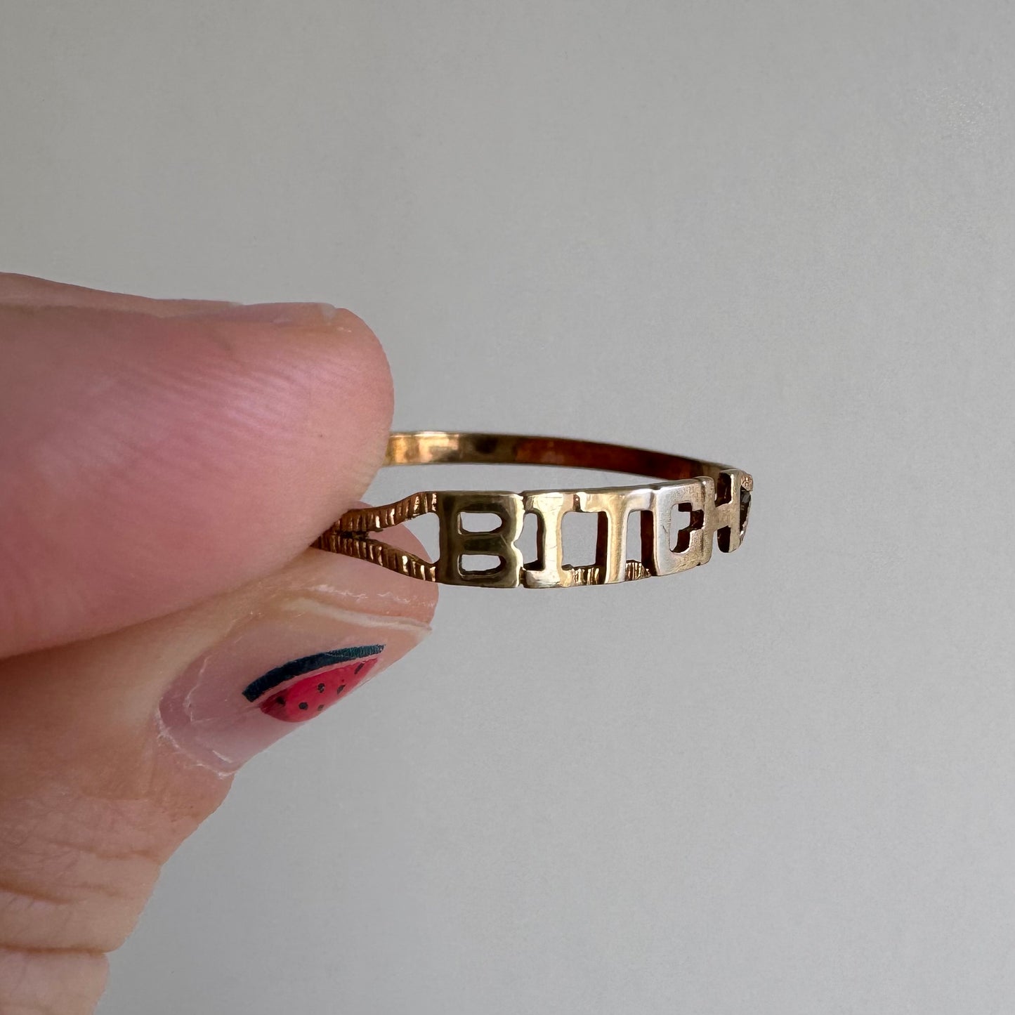 V I N T A G E // bitch, please / 9k yellow gold BITCH stacking ring / size 11