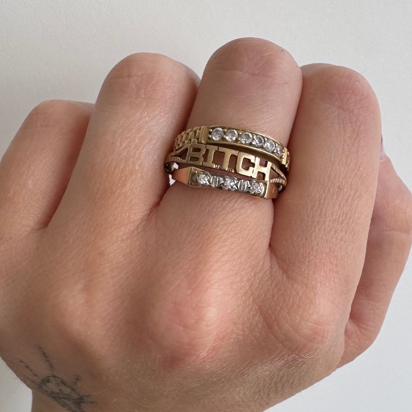 V I N T A G E // bitch, please / 9k yellow gold BITCH stacking ring / size 11