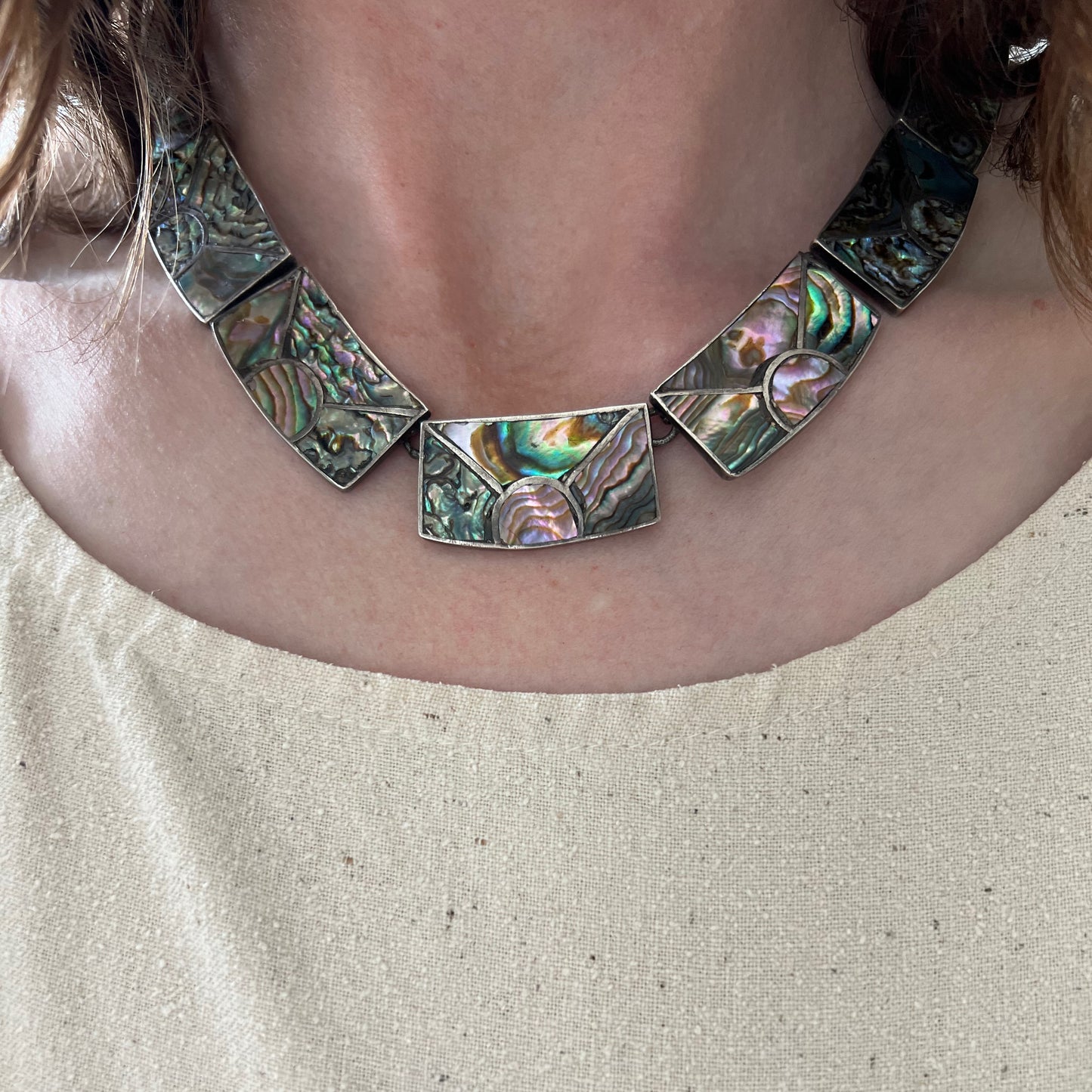 V I N T A G E // rainbow skies / abalone inlay sunshine in sterling silver / Mexican sterling silver necklace / 16", 76g