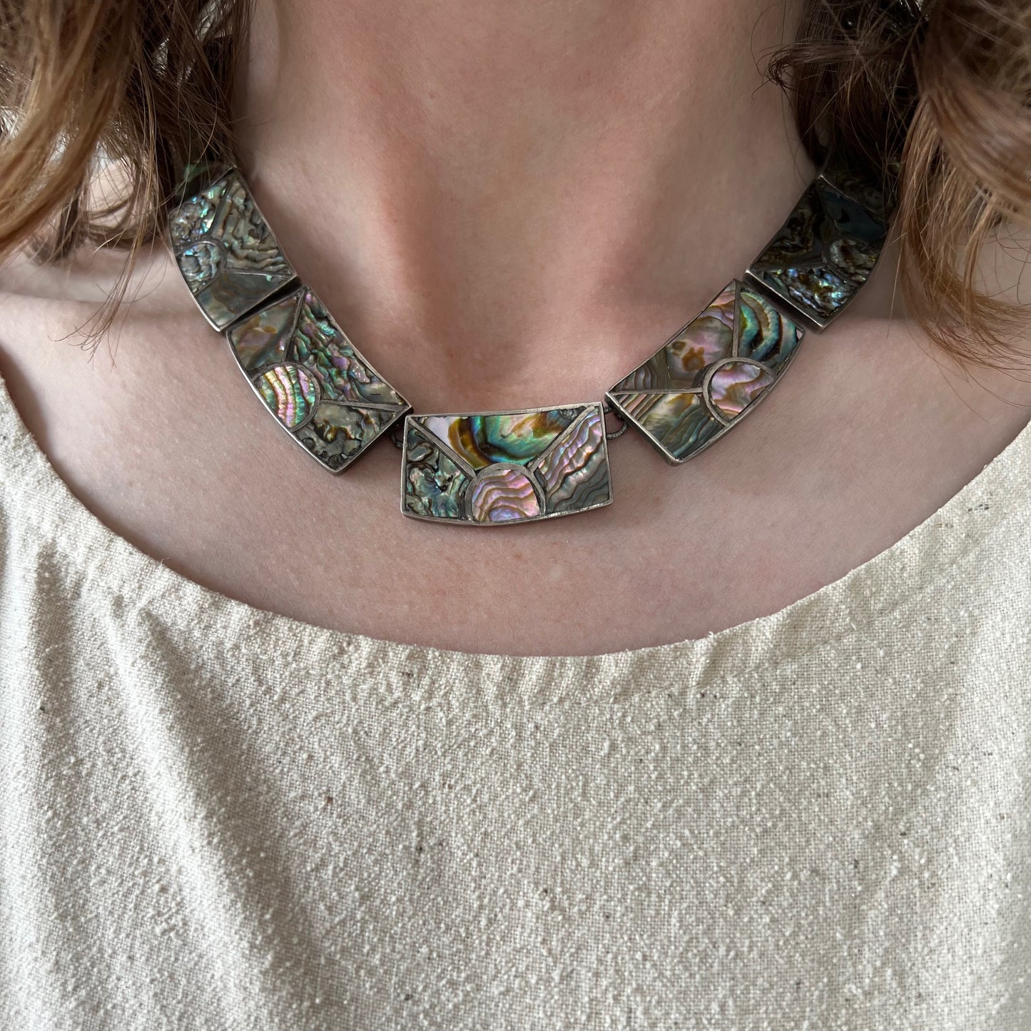 V I N T A G E // rainbow skies / abalone inlay sunshine in sterling silver / Mexican sterling silver necklace / 16", 76g