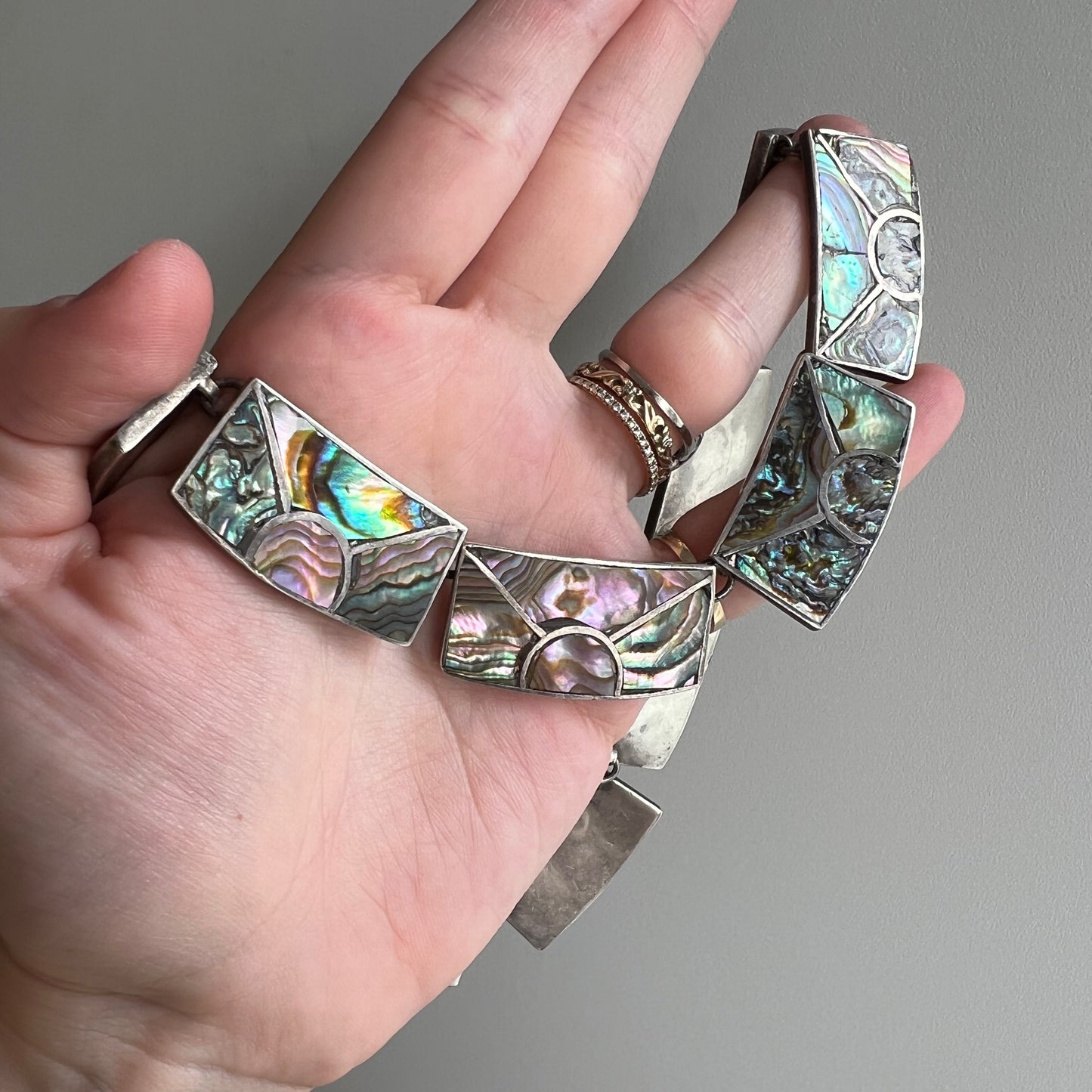 V I N T A G E // rainbow skies / abalone inlay sunshine in sterling silver / Mexican sterling silver necklace / 16", 76g