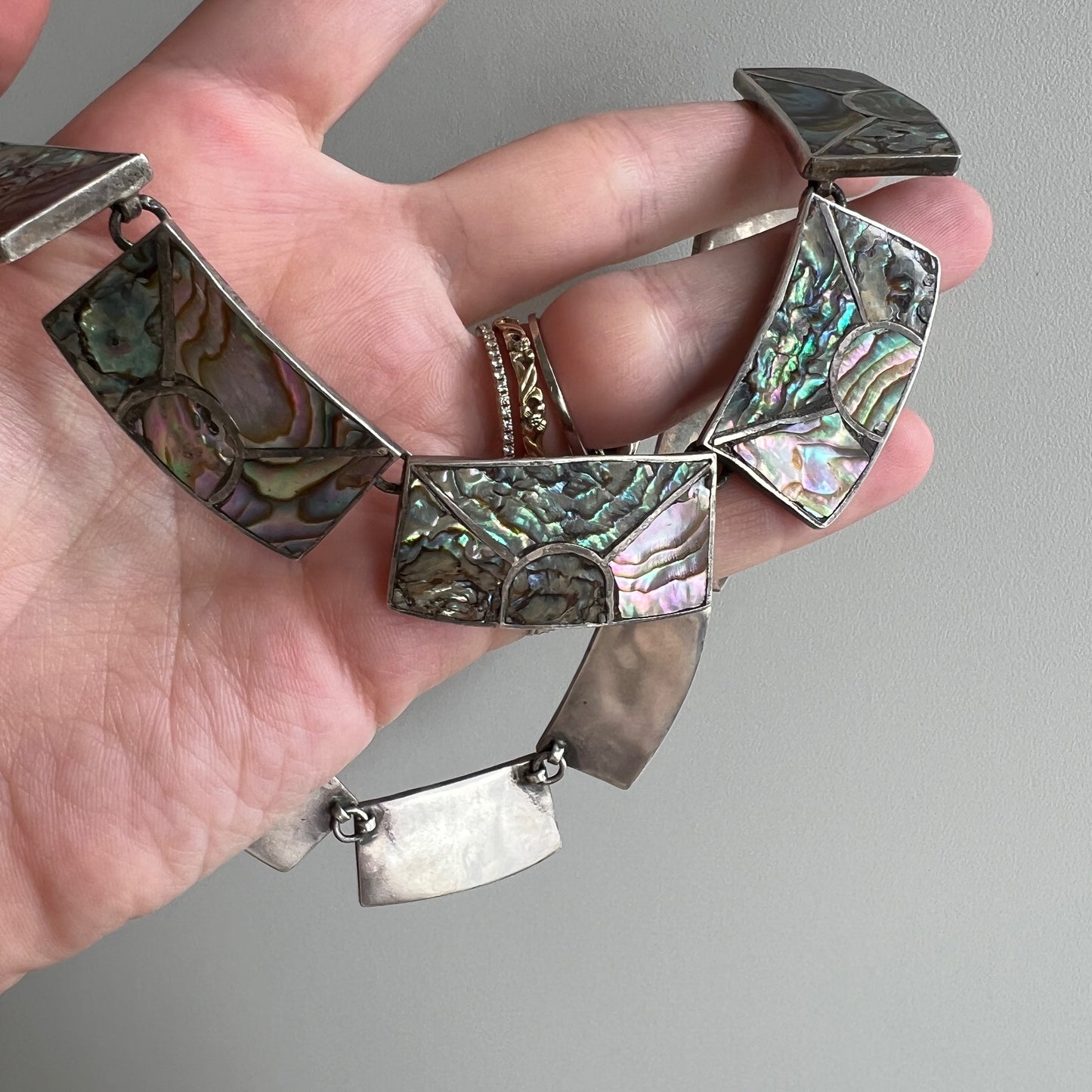 V I N T A G E // rainbow skies / abalone inlay sunshine in sterling silver / Mexican sterling silver necklace / 16", 76g