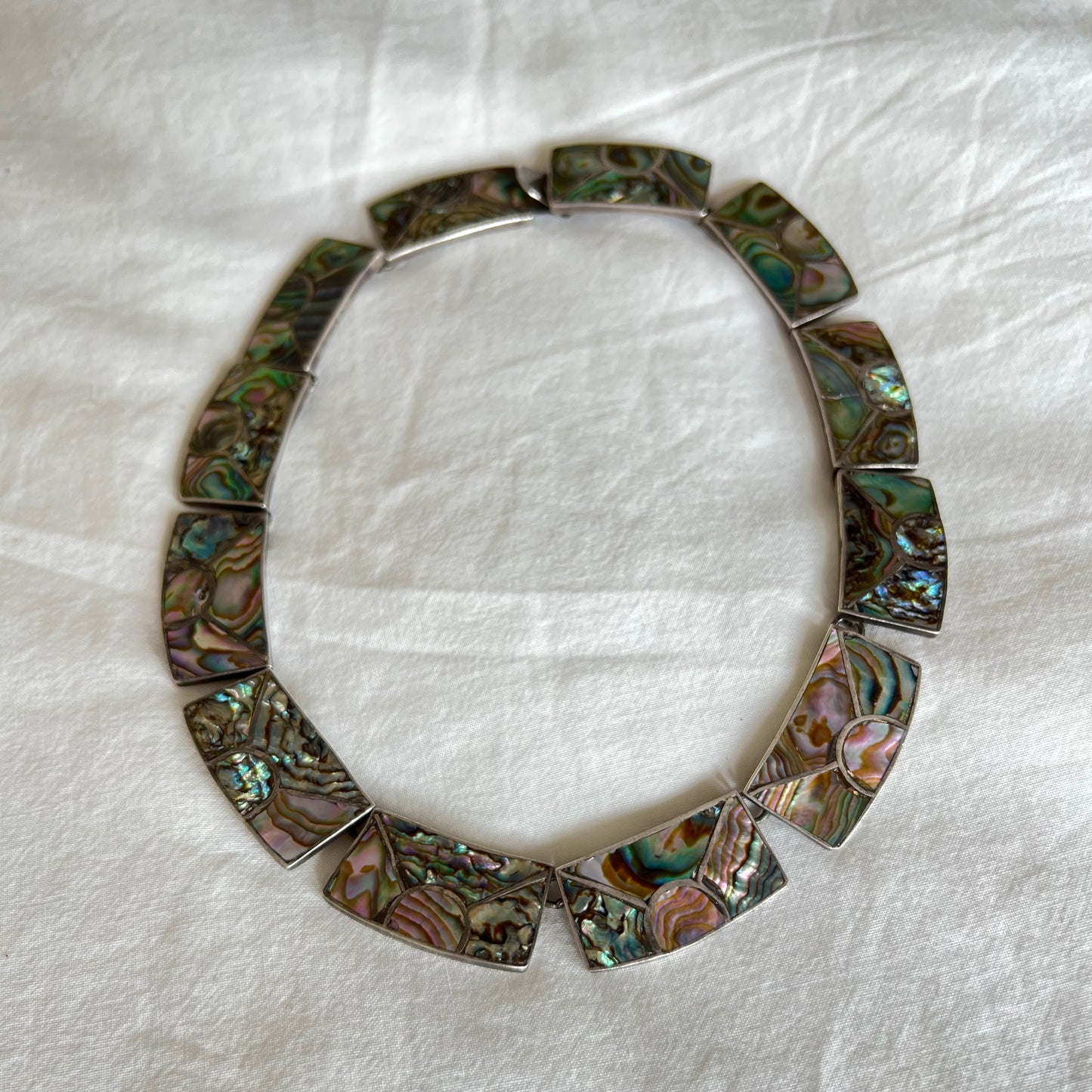 V I N T A G E // rainbow skies / abalone inlay sunshine in sterling silver / Mexican sterling silver necklace / 16", 76g