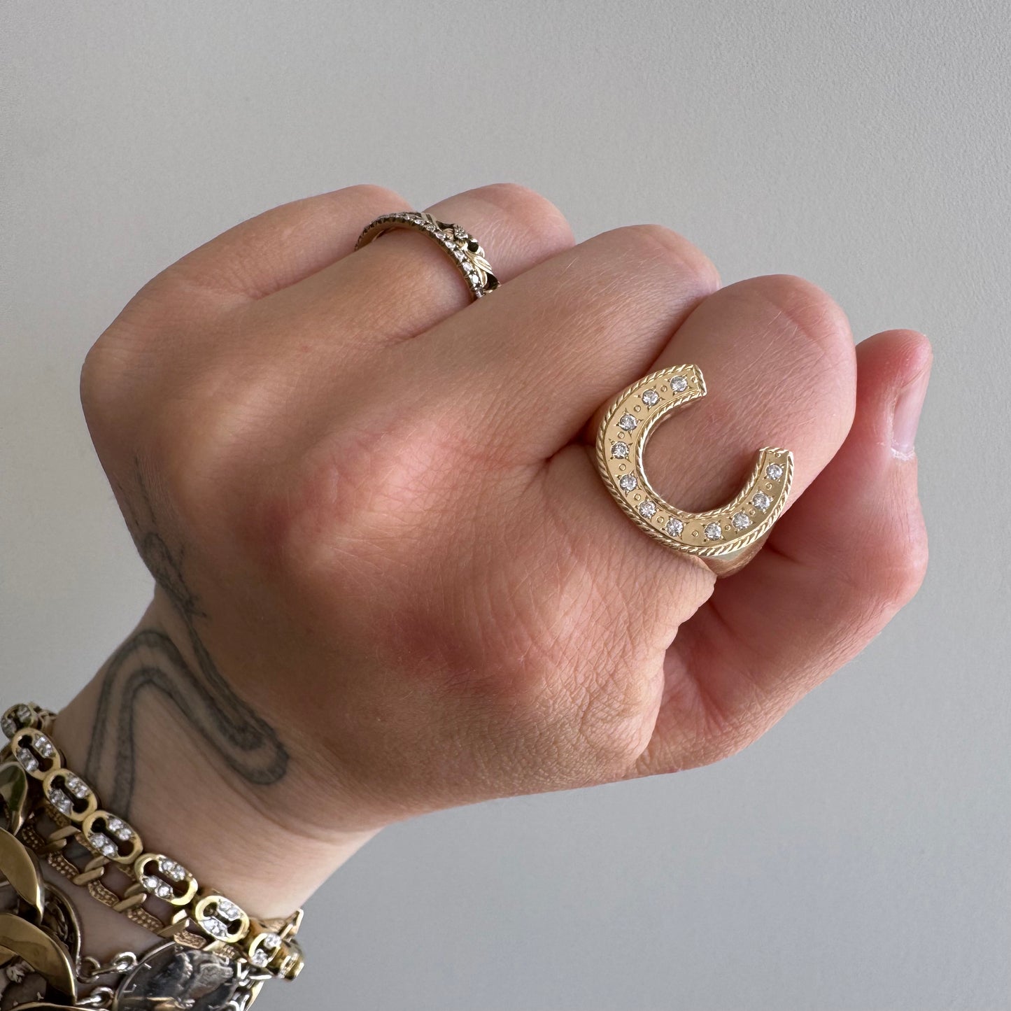 reimagined V I N T A G E // timeless horseshoe / 14k and diamond horseshoe signet ring / size 8.5