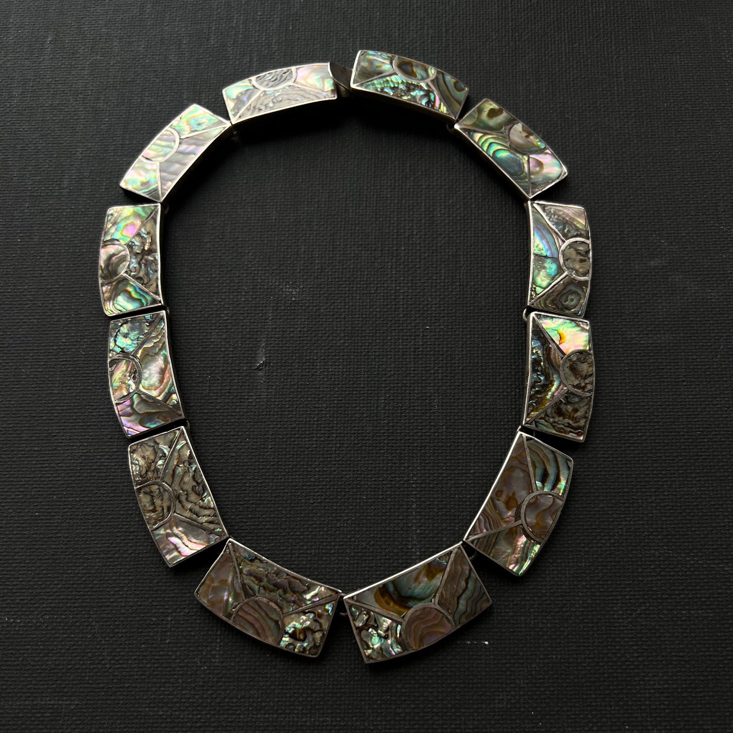 V I N T A G E // rainbow skies / abalone inlay sunshine in sterling silver / Mexican sterling silver necklace / 16", 76g