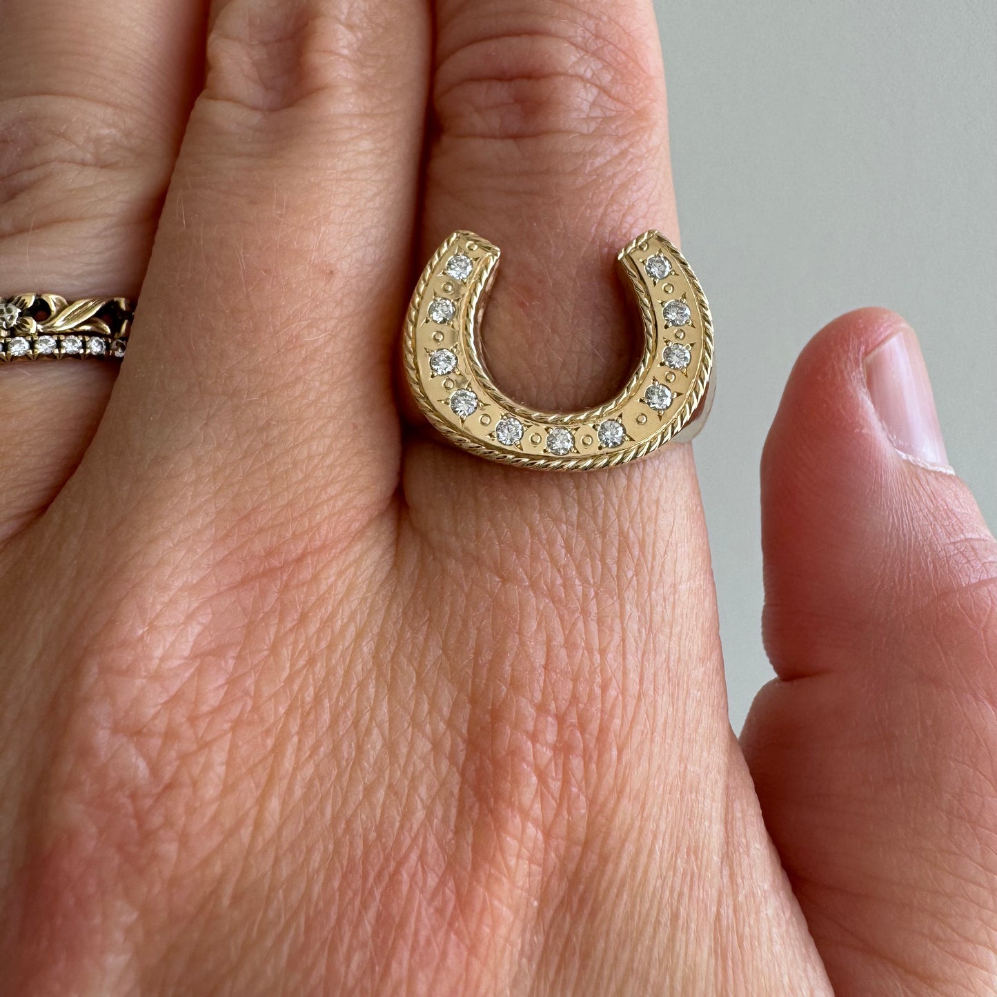 reimagined V I N T A G E // timeless horseshoe / 14k and diamond horseshoe signet ring / size 8.5