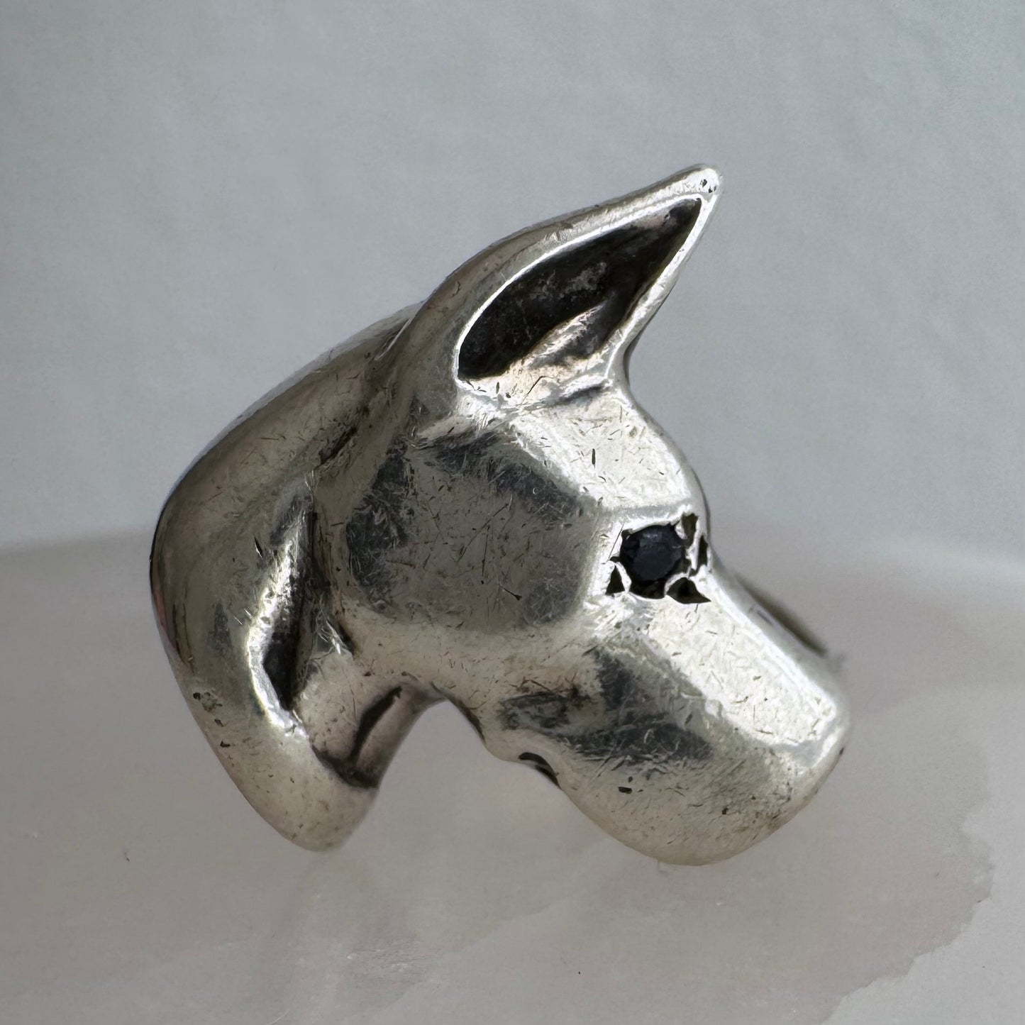 [short term listing] E S T A T E // ears up / sterling silver and black diamond doberman or great dane signet / size 6ish