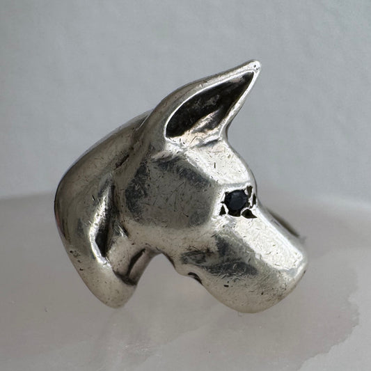 [short term listing] E S T A T E // ears up / sterling silver and black diamond doberman or great dane signet / size 6ish