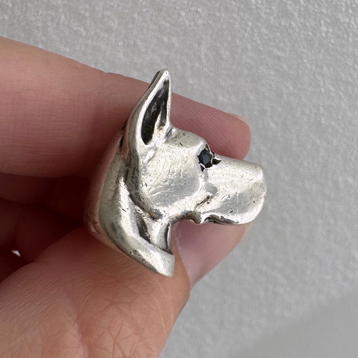 [short term listing] E S T A T E // ears up / sterling silver and black diamond doberman or great dane signet / size 6ish