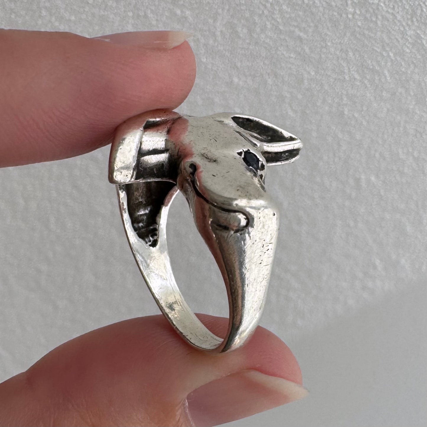 [short term listing] E S T A T E // ears up / sterling silver and black diamond doberman or great dane signet / size 6ish