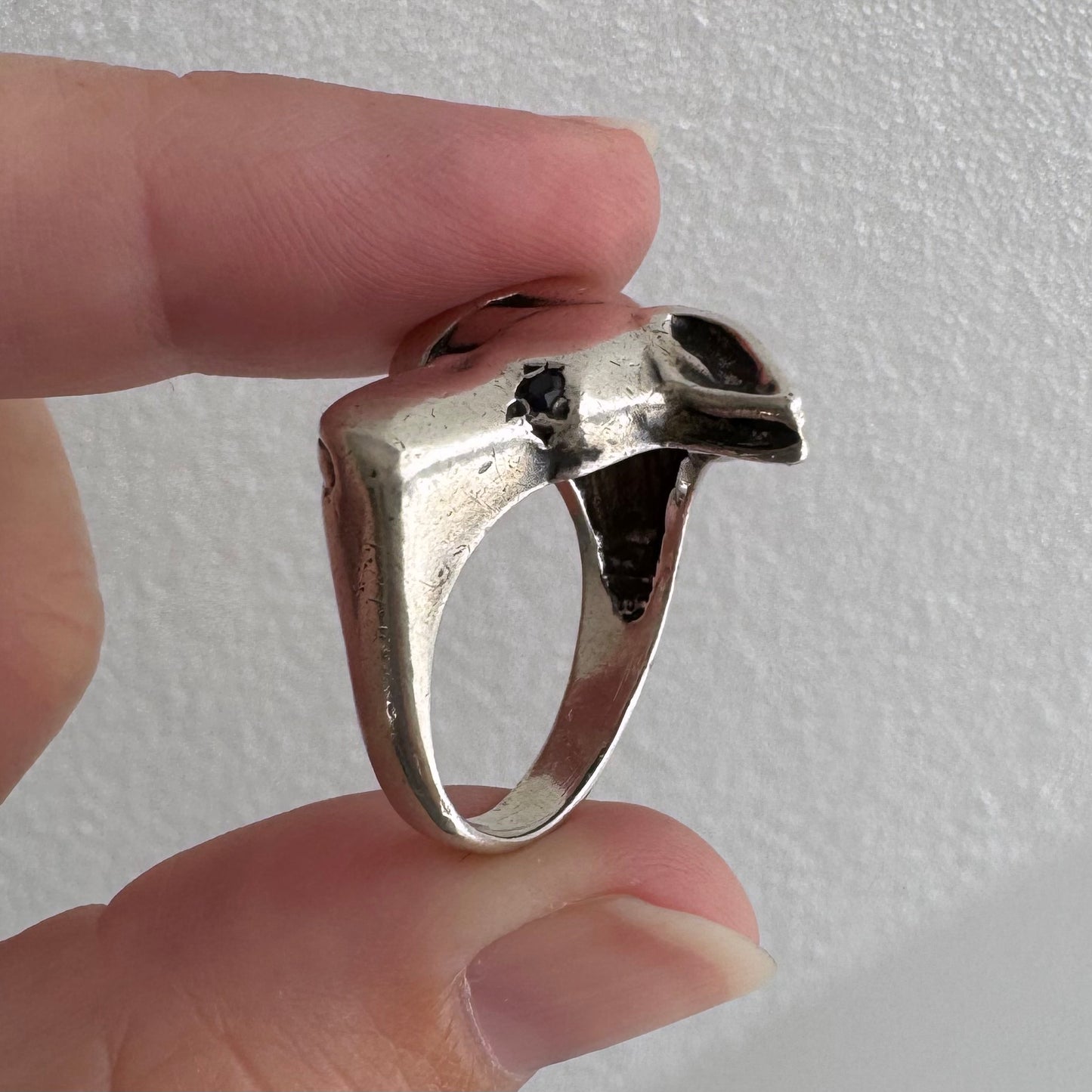 [short term listing] E S T A T E // ears up / sterling silver and black diamond doberman or great dane signet / size 6ish