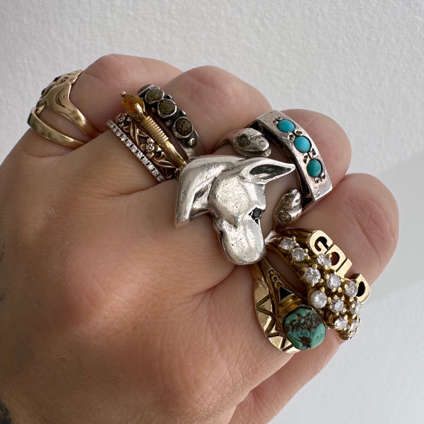 [short term listing] E S T A T E // ears up / sterling silver and black diamond doberman or great dane signet / size 6ish