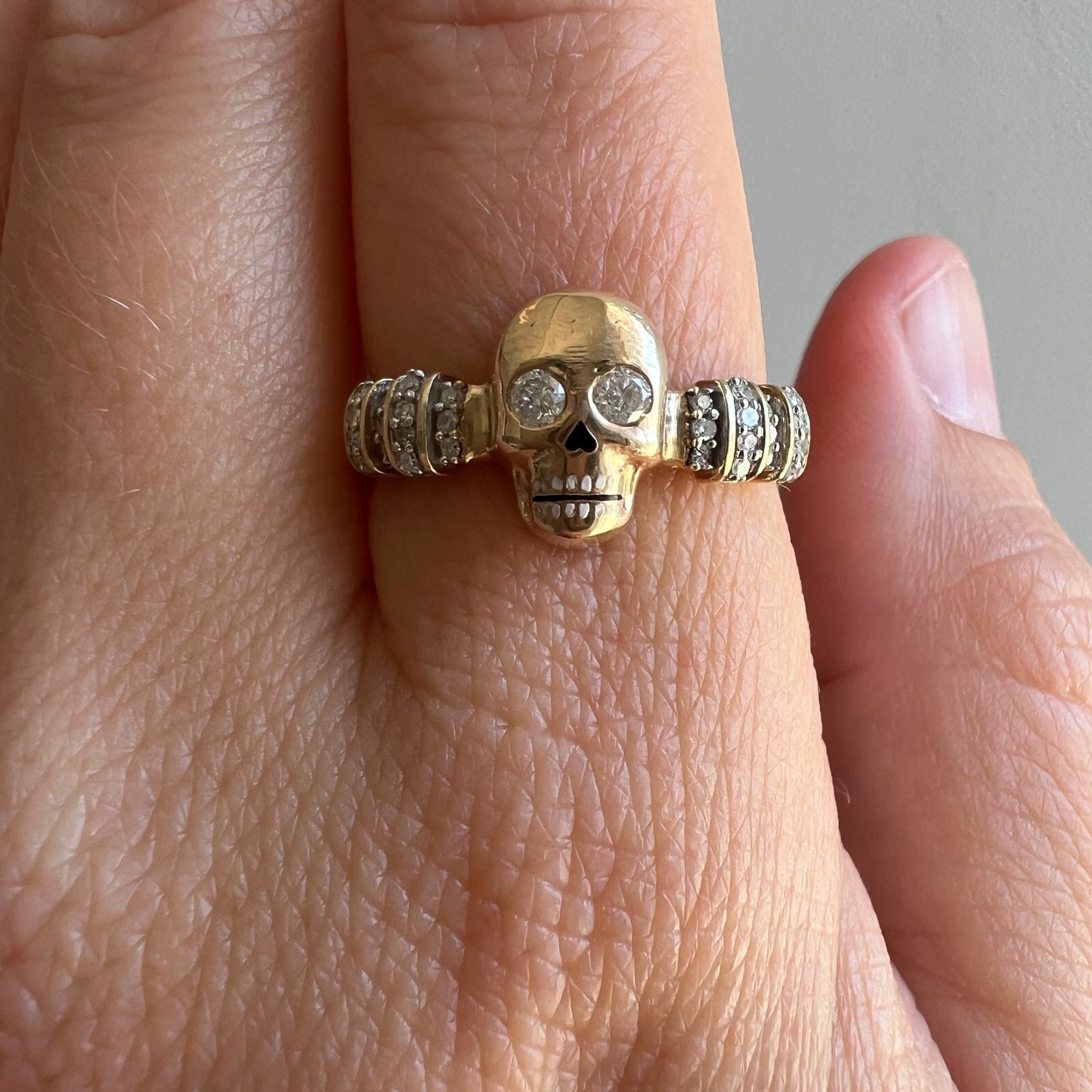 reimagined V I N T A G E // memento mori grin / solid 10k and diamond fraternal skull pin conversion ring / size 7
