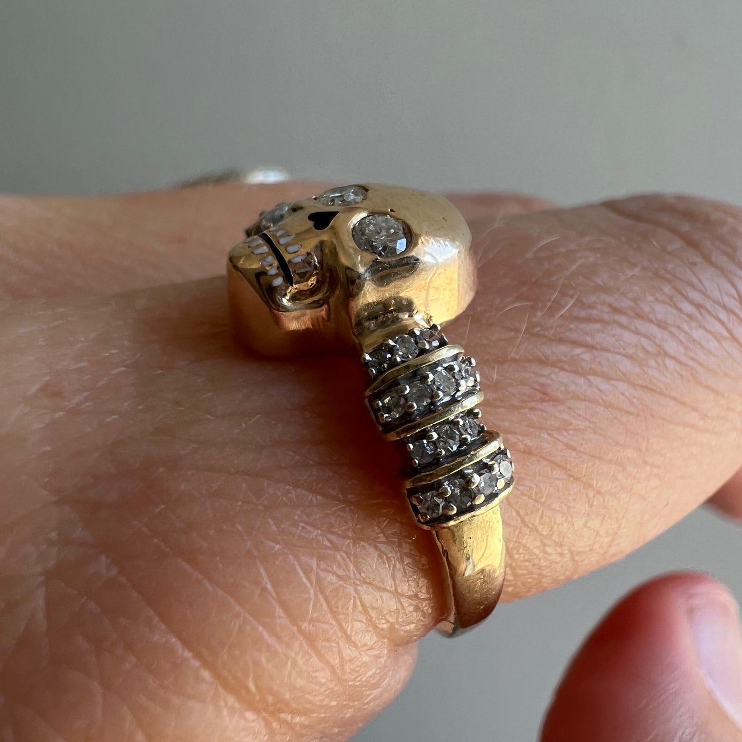 reimagined V I N T A G E // memento mori grin / solid 10k and diamond fraternal skull pin conversion ring / size 7