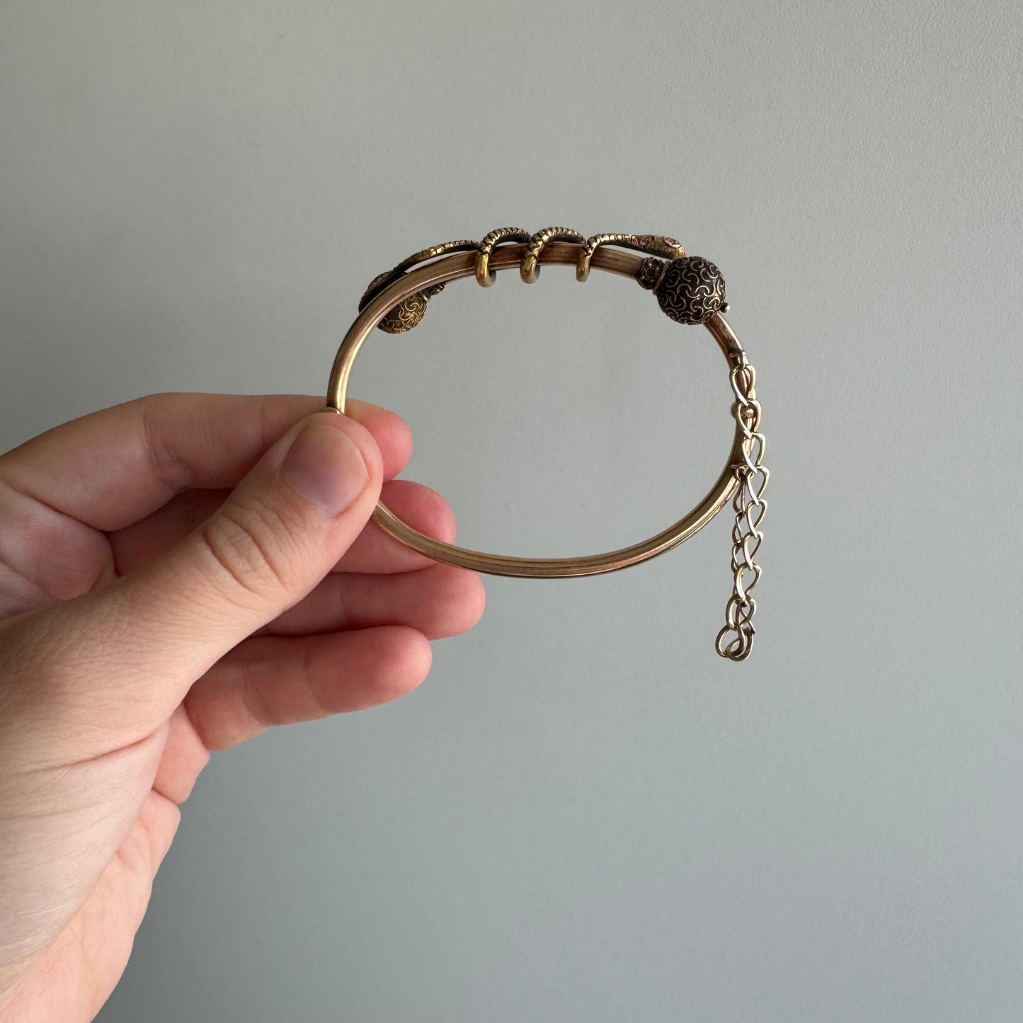 A N T I Q U E // slithering from Etruria / victorian 14k and ruby Etruscan revival hinged snake bangle / 6"