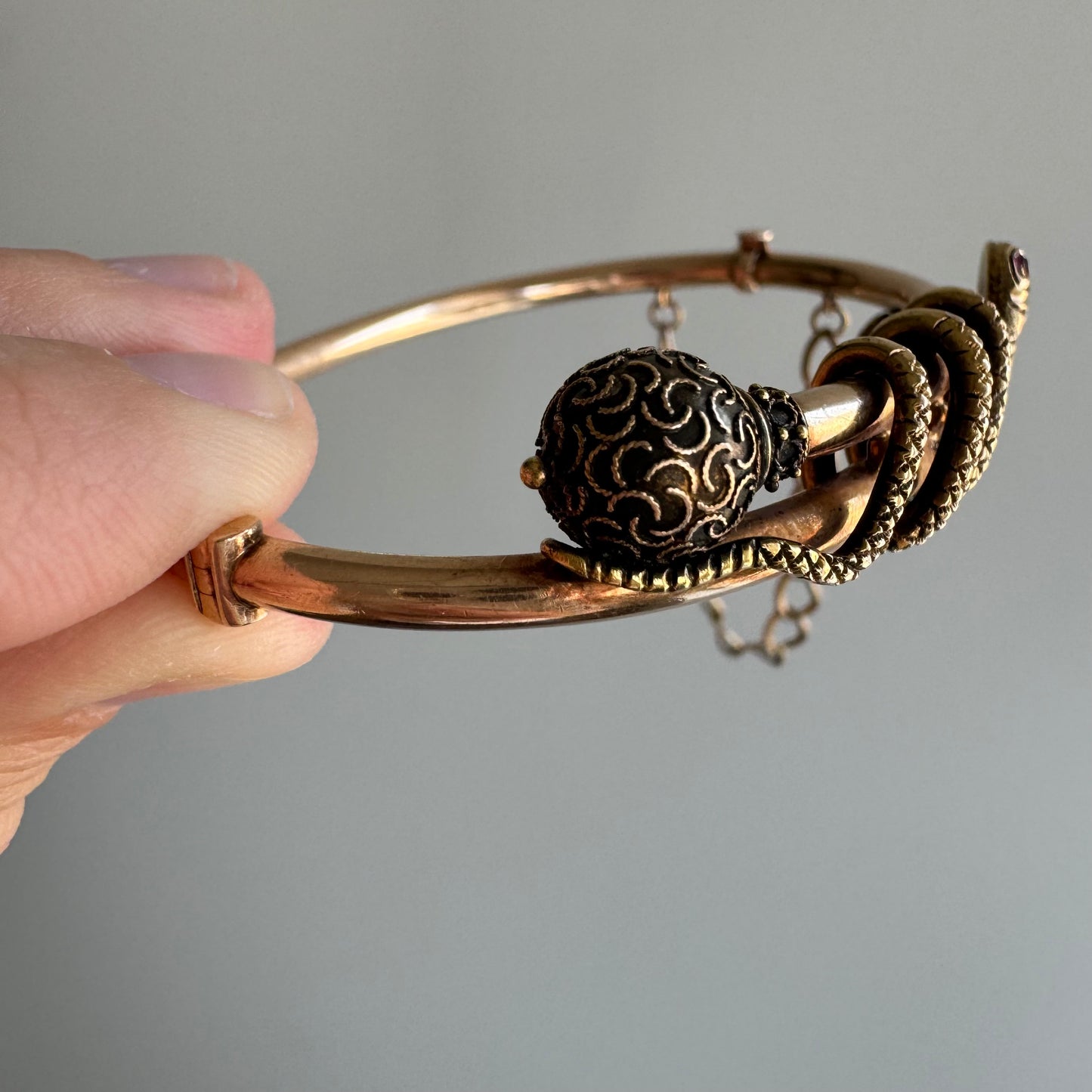 A N T I Q U E // slithering from Etruria / victorian 14k and ruby Etruscan revival hinged snake bangle / 6"