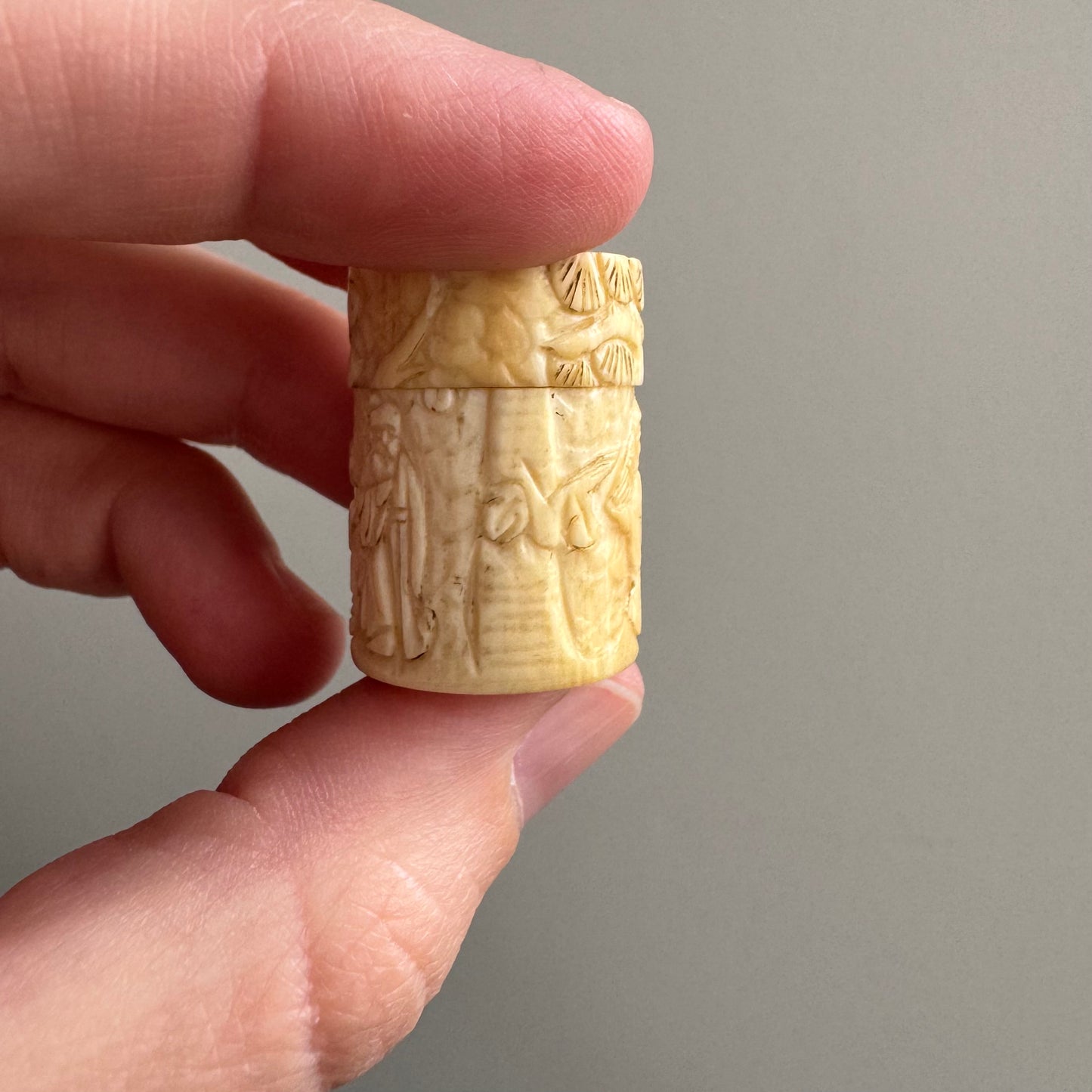 V I N T A G E // wise ancestors / carved bone pill box with sterling silver bail / a pendant